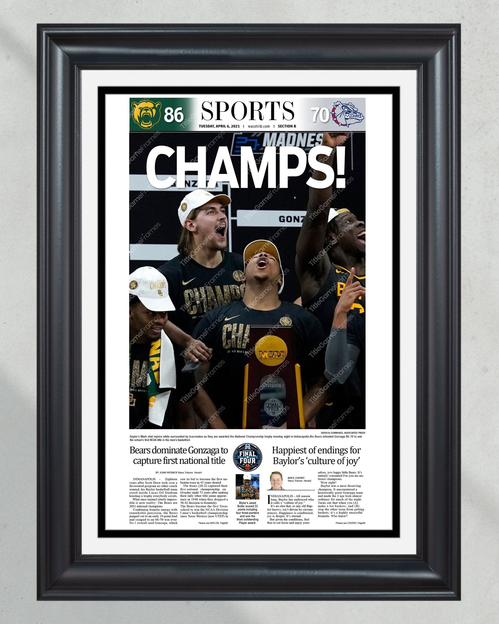 Baylor 2021 Waco Tribune Newspaper orders NCAA Mens Basketball Champs Framed