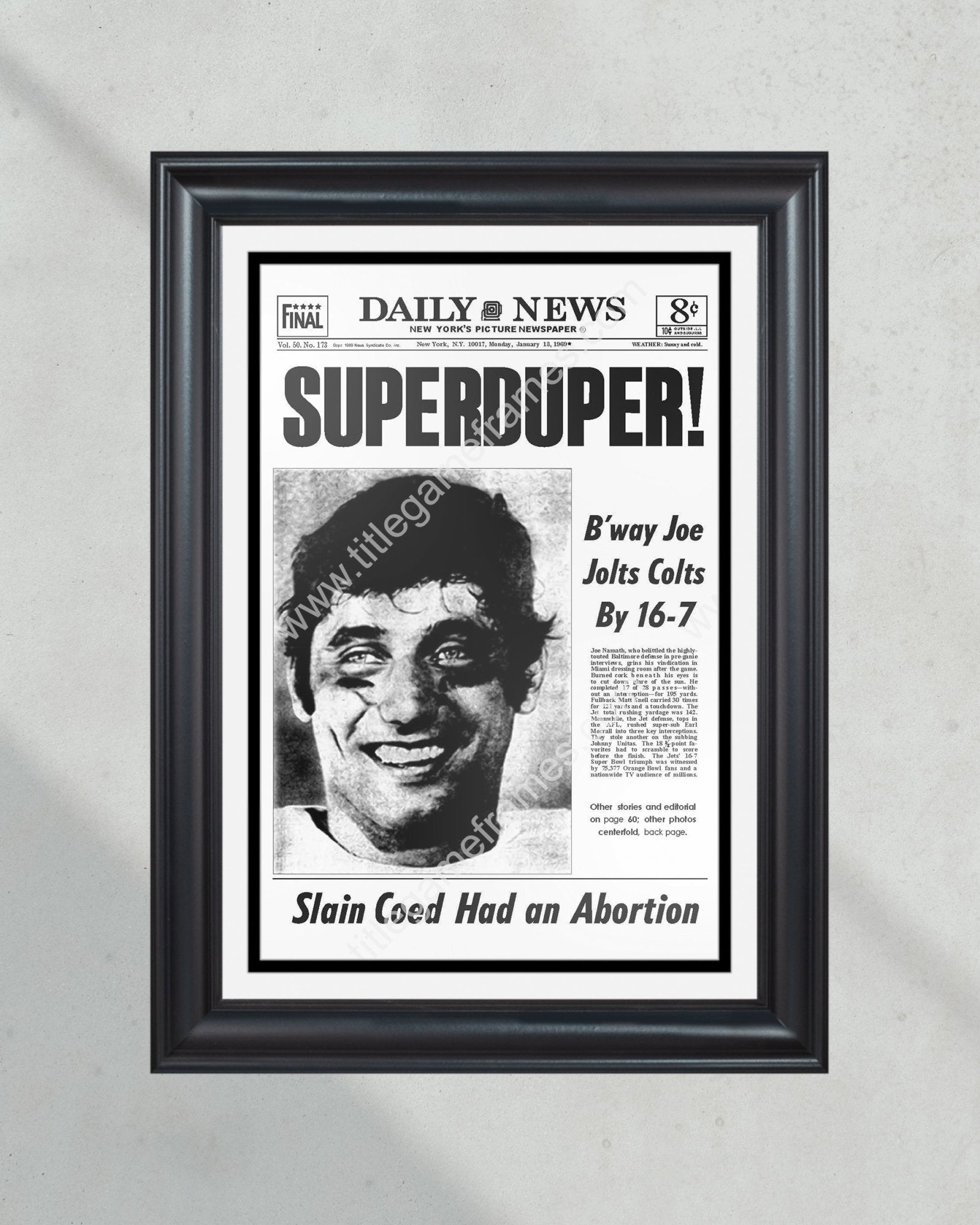 NEW YORK JETS MATTED SINGLE COLLAGE PHOTO OF SUPER BOWL 3 NEWSPAPER FRONT  PAGES