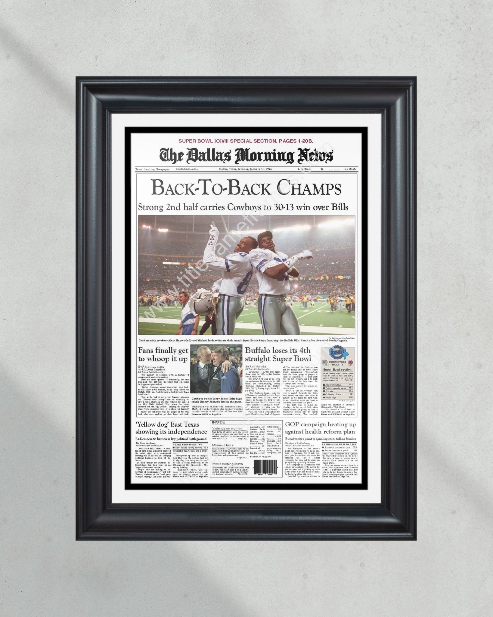 1994 Dallas Cowboys Back to Back Super Bowl Champions Framed 