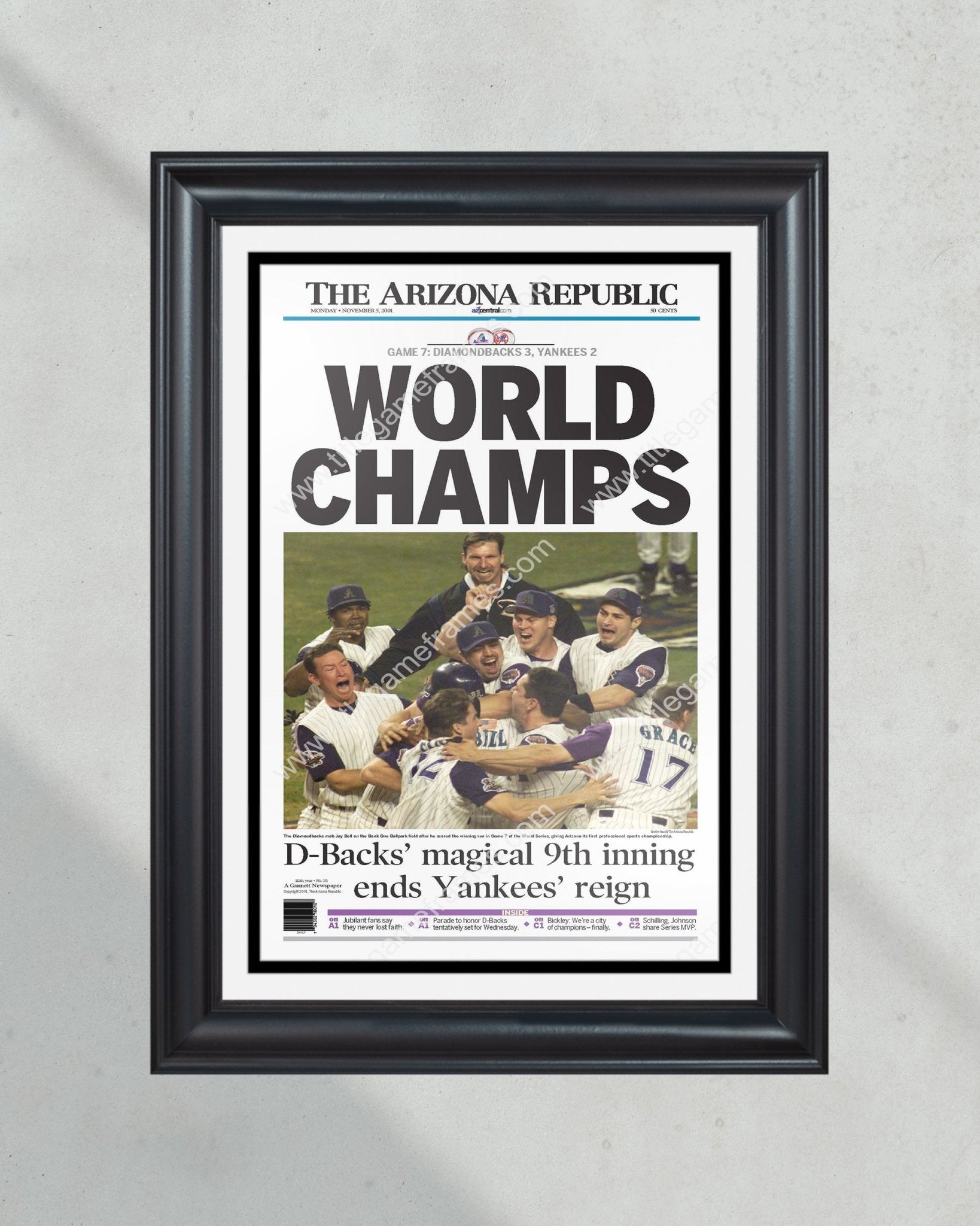 2001 Arizona Diamondbacks World Series Newspaper Print Framed! 11/05/2001