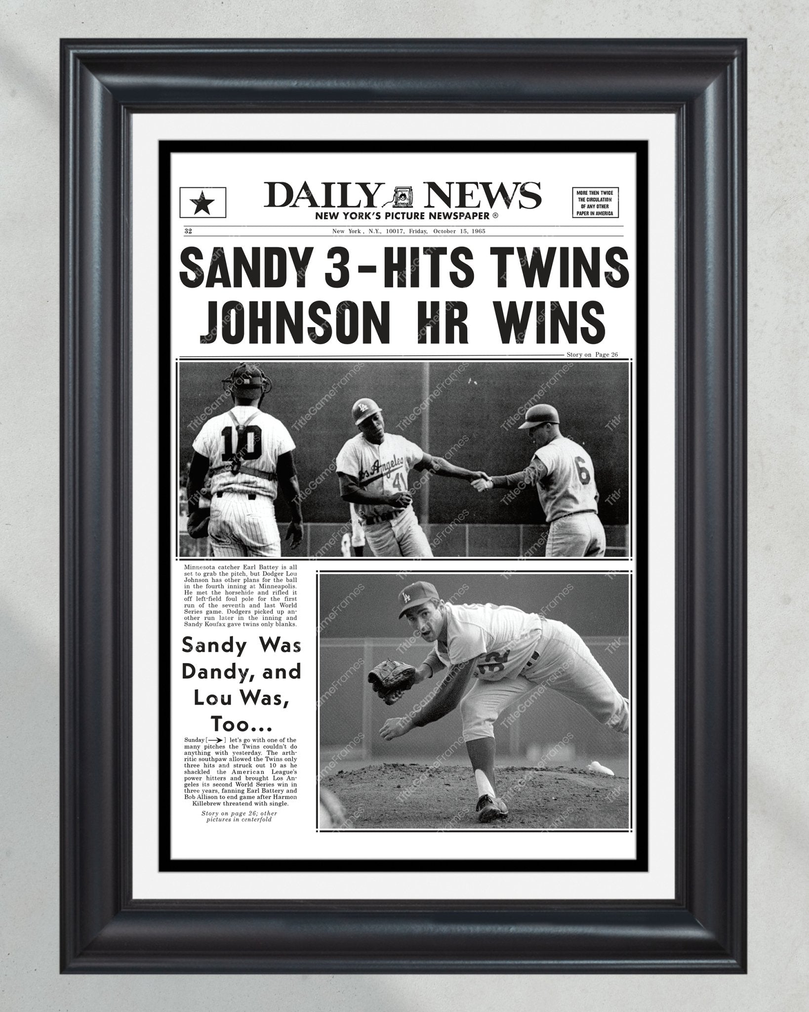 1965 LA Dodgers World Series Champions Framed Newspaper Print - Title Game Frames