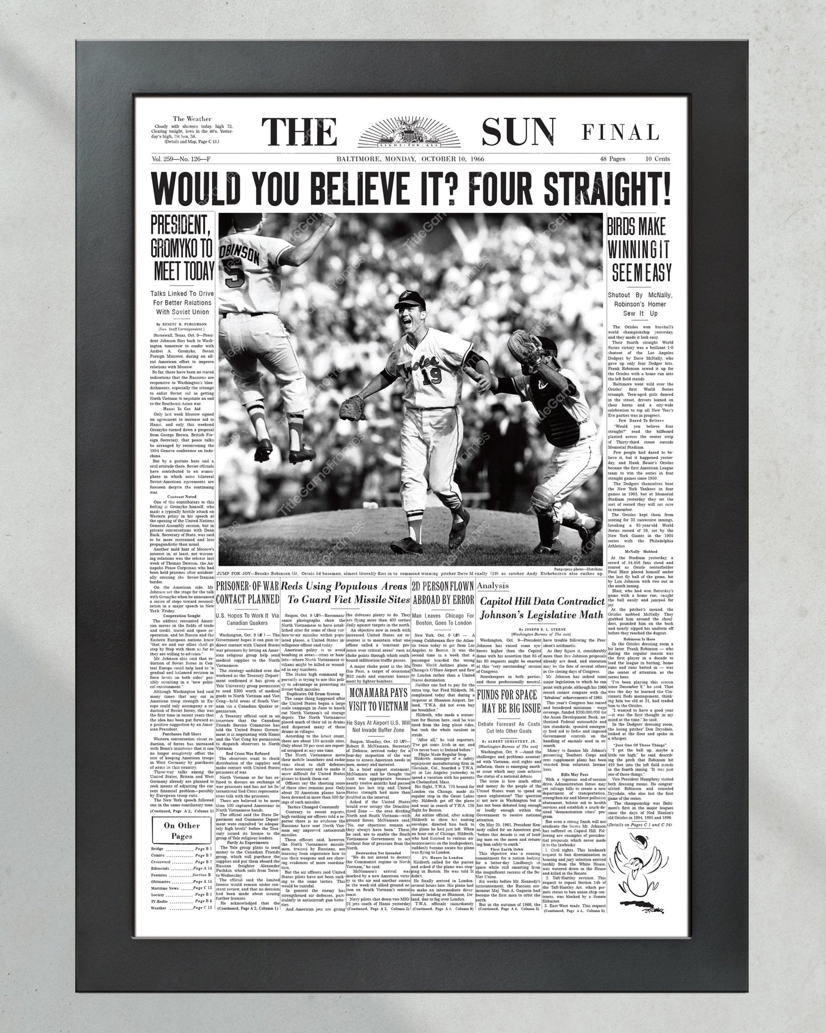 1966 Orioles World Series Champions Framed Newspaper Print - Title Game Frames