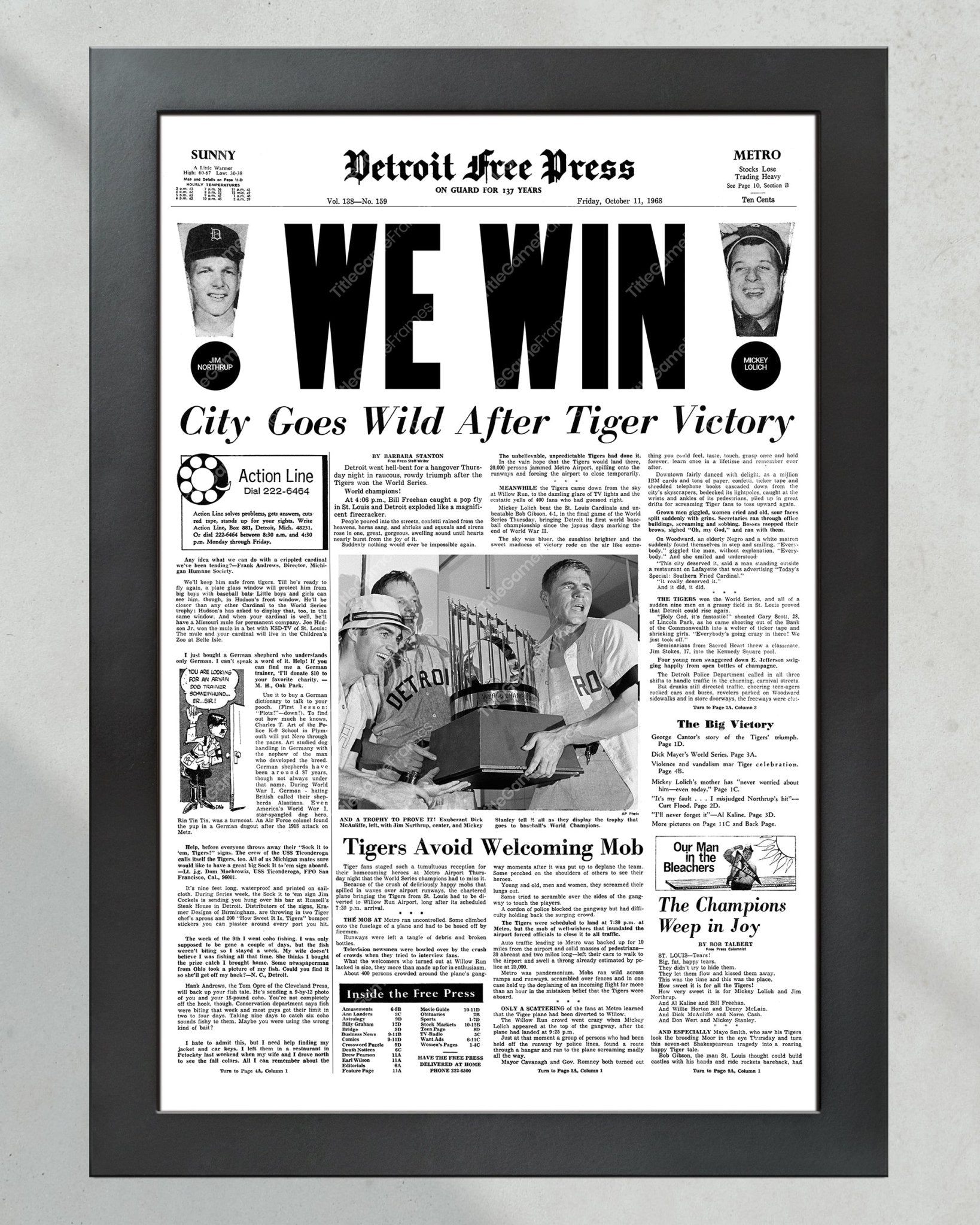 1968 Detroit Tigers World Series Champions Framed Front Page Newspaper Print - Title Game Frames