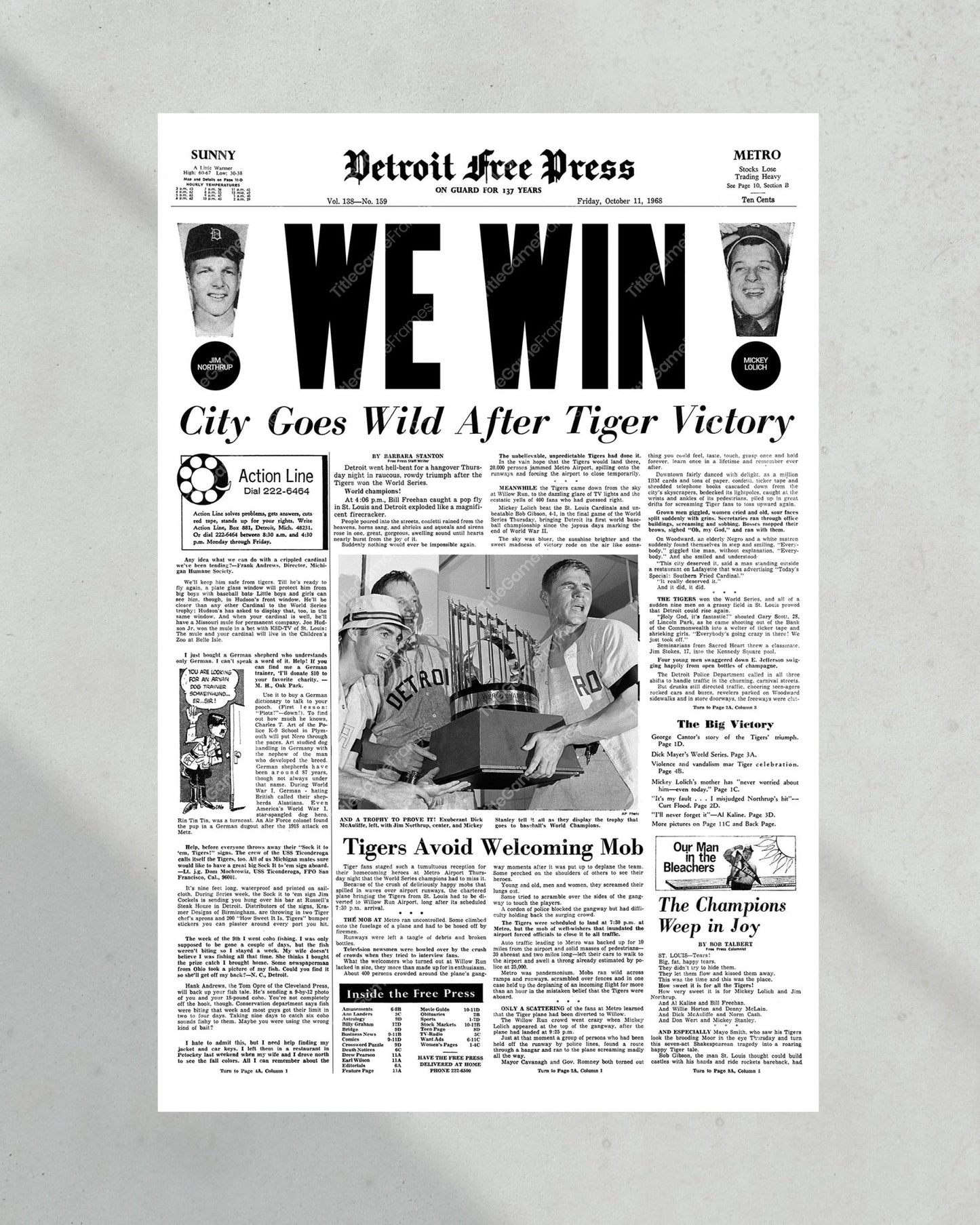 1968 Detroit Tigers World Series Champions Framed Front Page Newspaper Print - Title Game Frames