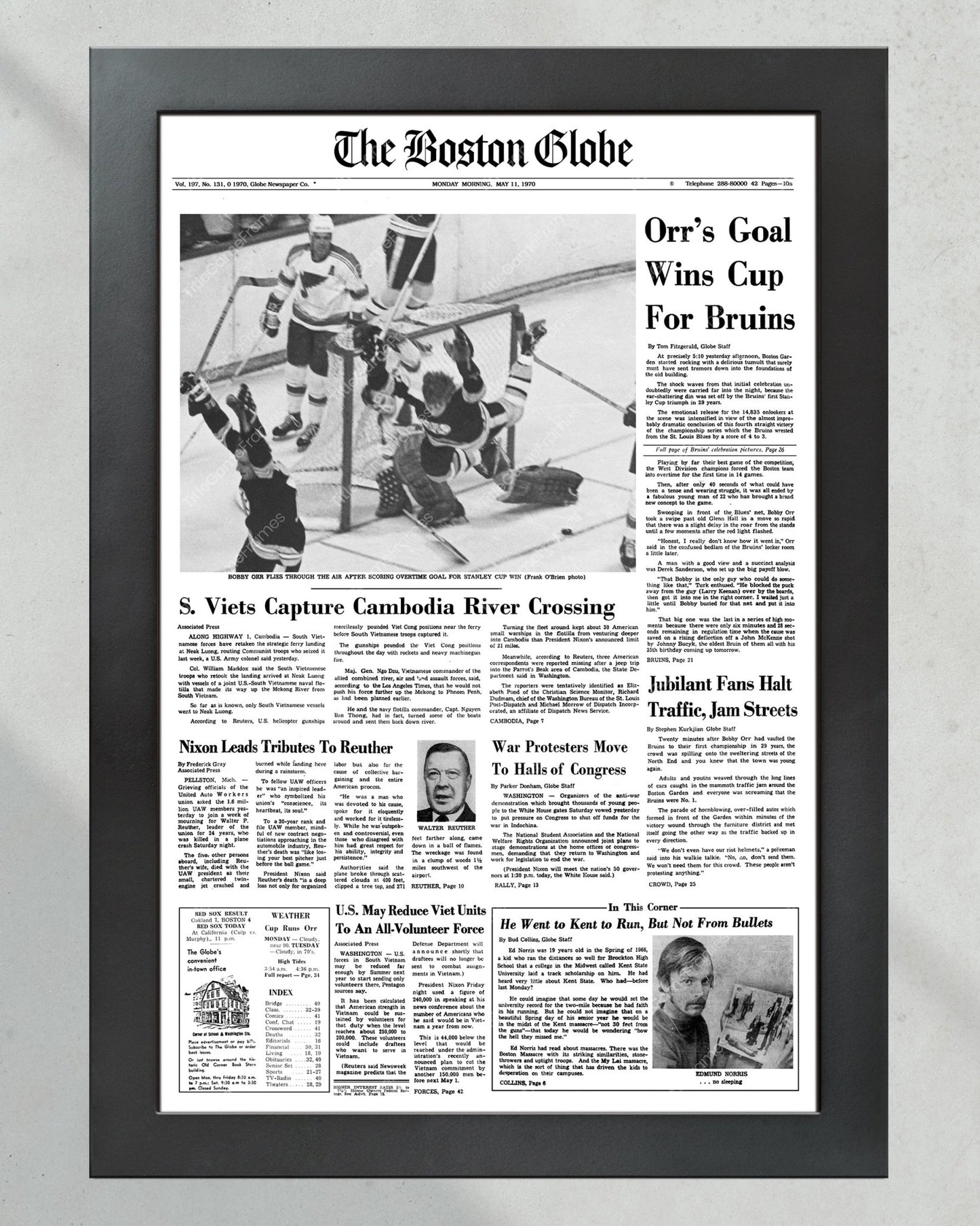 1970 Boston Bruins Stanley Cup Champion Framed Front Page Newspaper Print - Title Game Frames