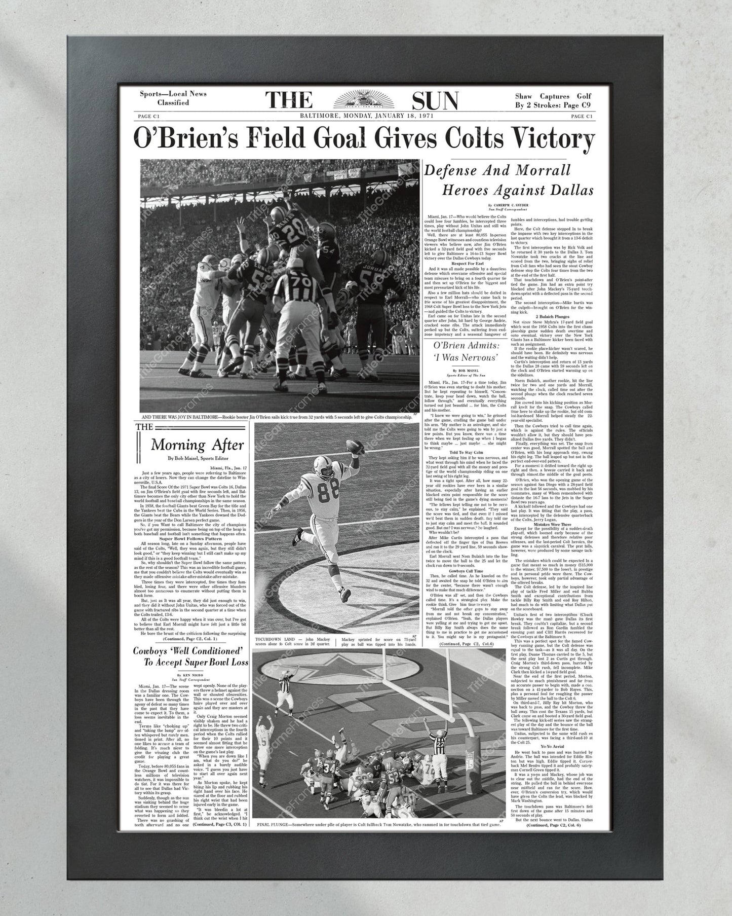 1971 Baltimore Colts Super Bowl V Champions Framed Front Page Newspaper Print - Title Game Frames