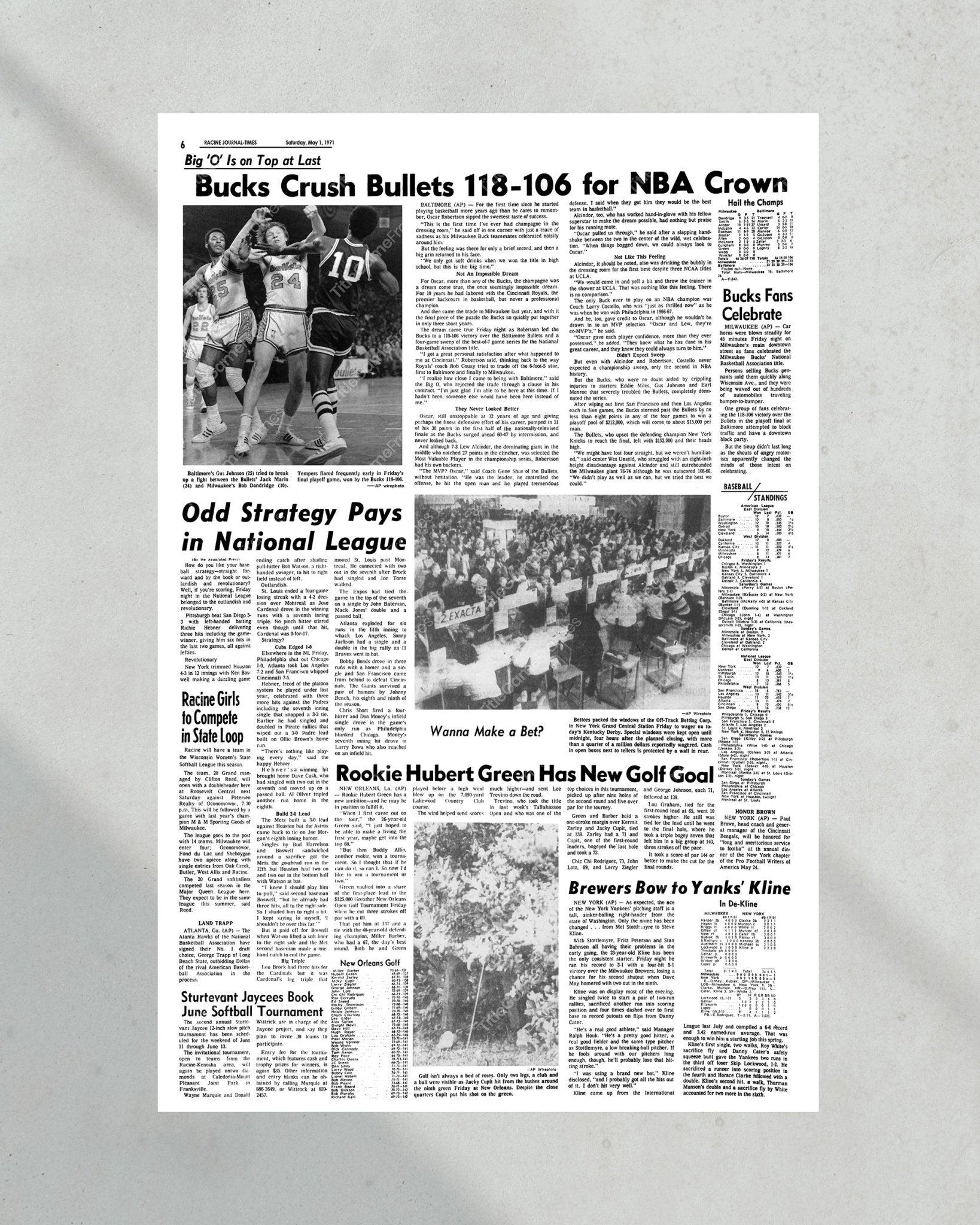 1971 Milwaukee Bucks NBA Champion Framed Front Page Newspaper Print - Title Game Frames