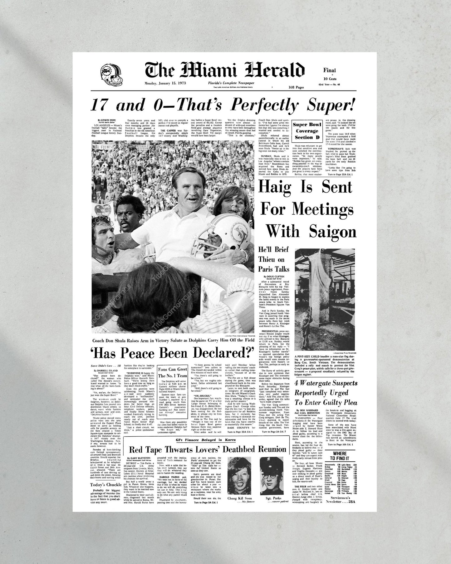 1973 Miami Dolphins Super Bowl VII Champions Framed Front Page Newspaper Print Don Shula - Title Game Frames