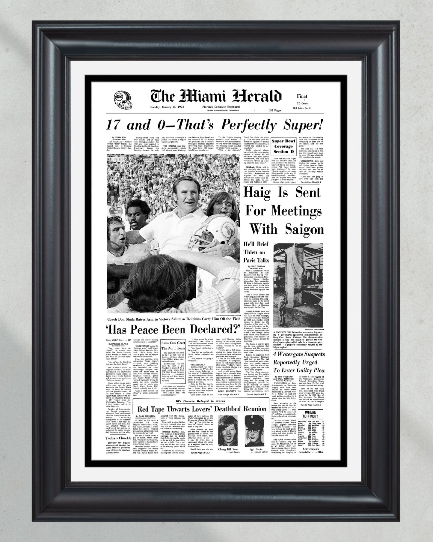 1973 Miami Dolphins Super Bowl VII Champions Framed Front Page Newspaper Print Don Shula - Title Game Frames