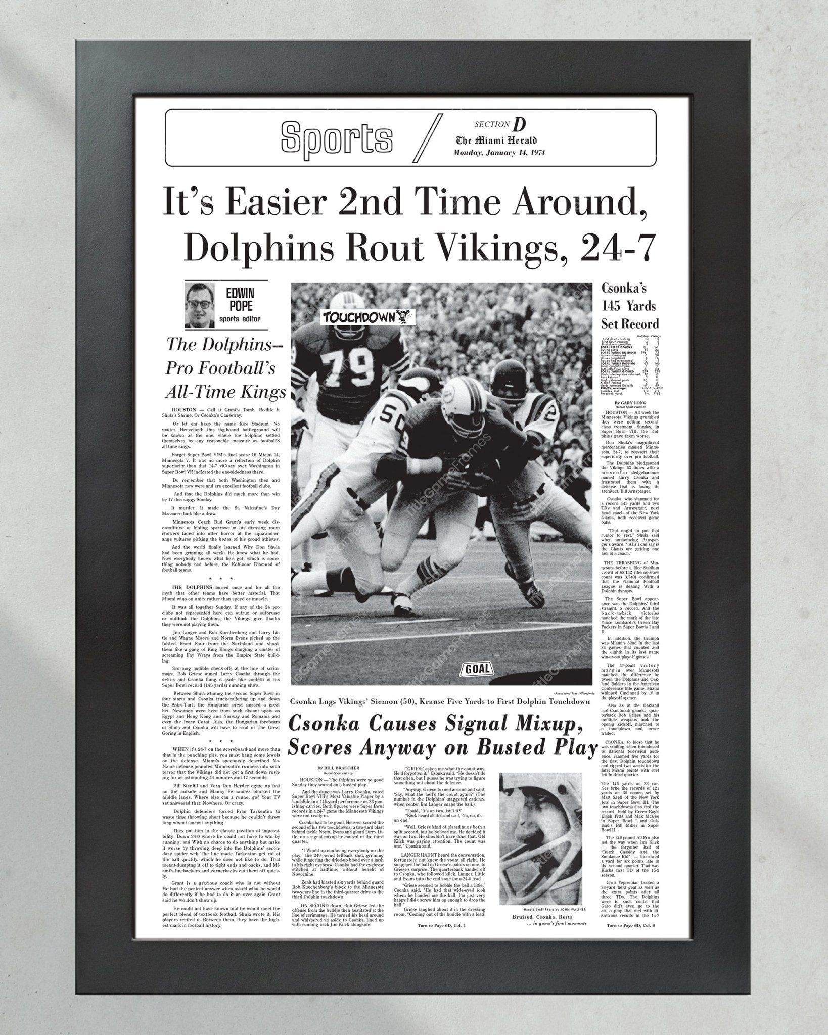 1974 Miami Dolphins Super Bowl VIII Champions Framed Front Page Newspaper Print - Title Game Frames