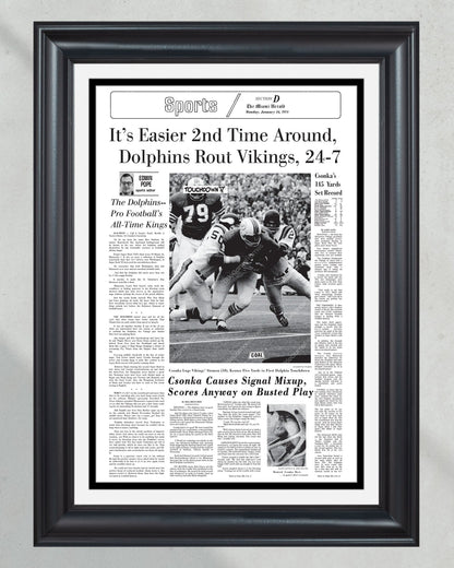 1974 Miami Dolphins Super Bowl VIII Champions Framed Front Page Newspaper Print - Title Game Frames