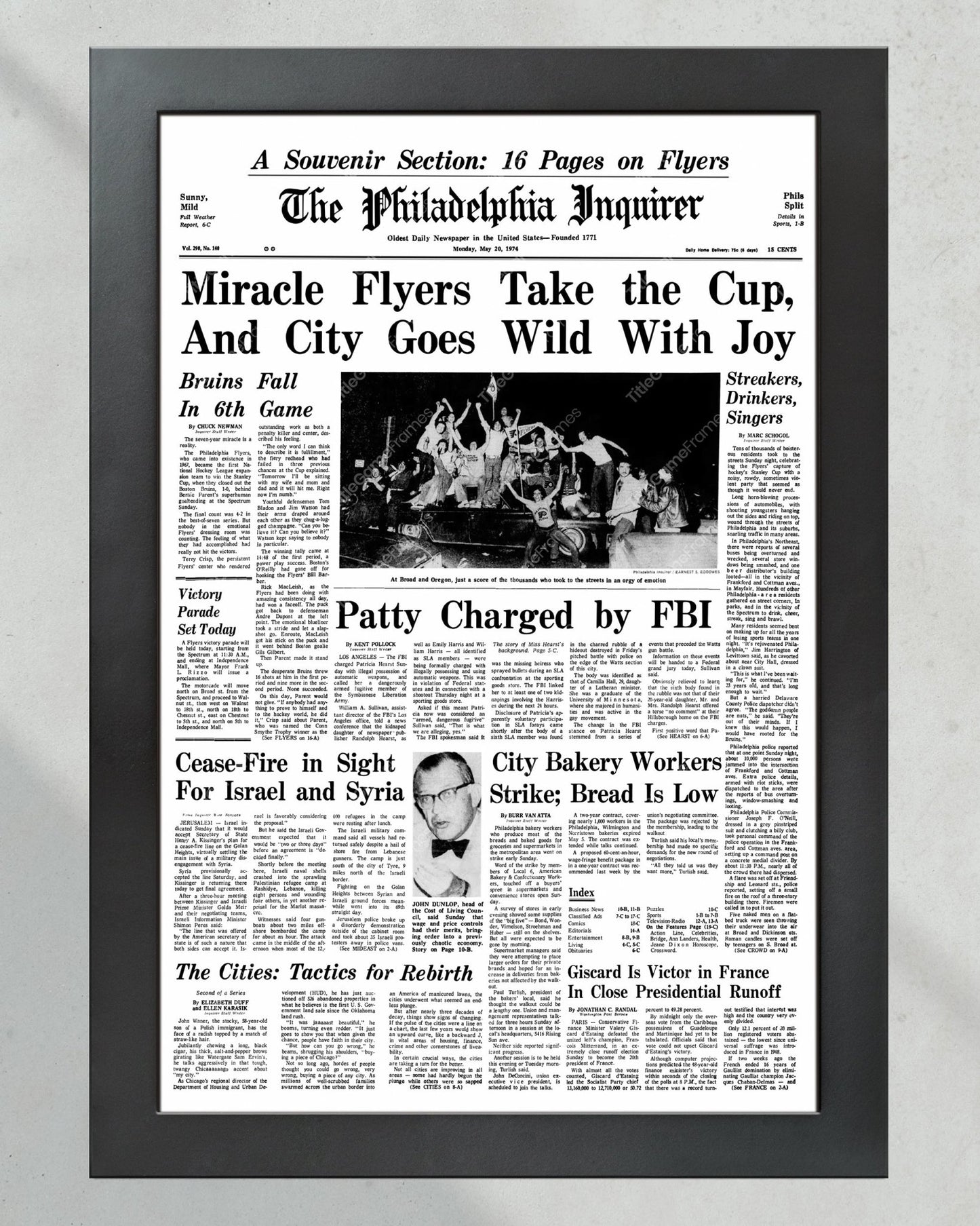 1974 Philadelphia Flyers Stanley Cup Champion Framed Front Page Newspaper Print - Title Game Frames