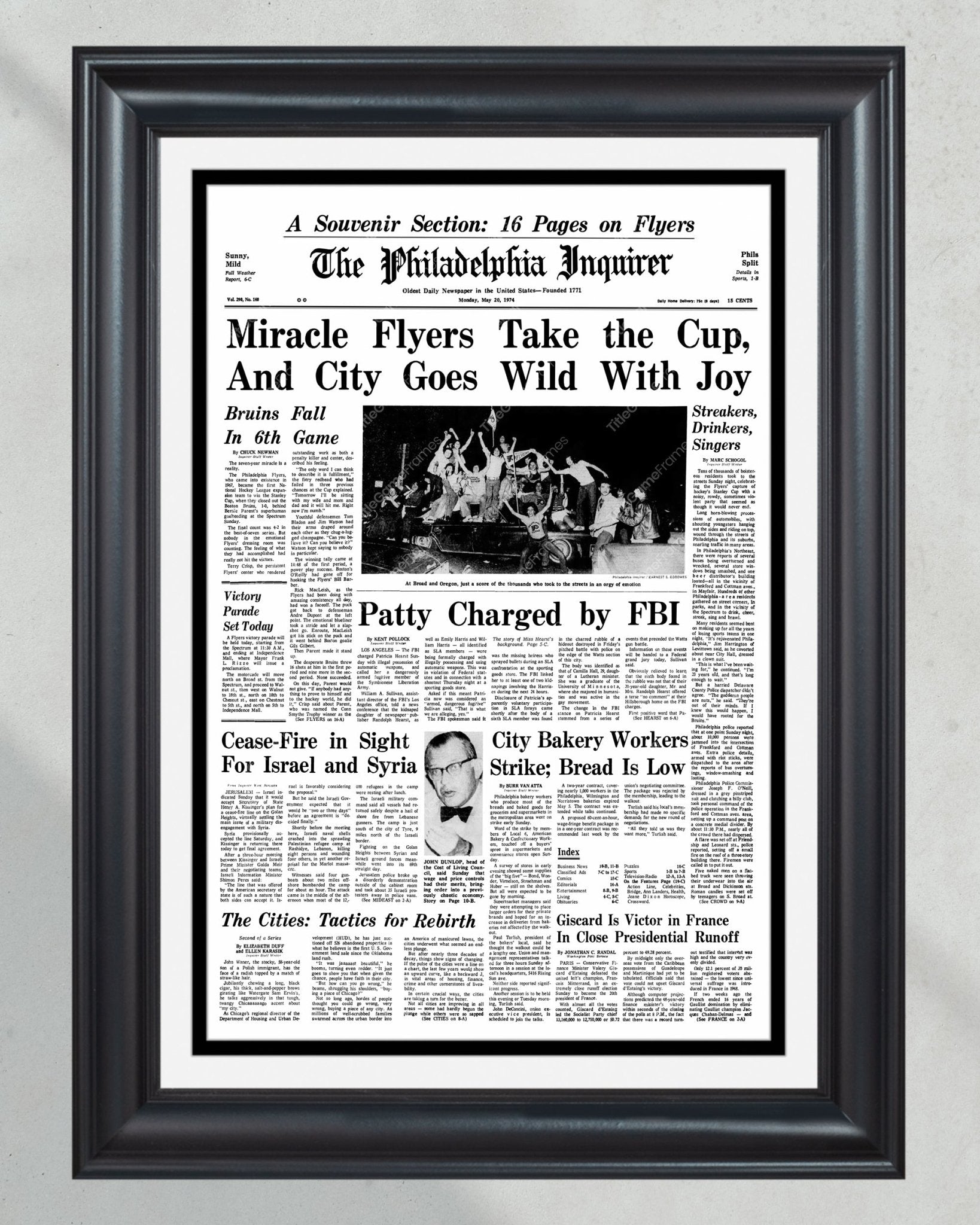 1974 Philadelphia Flyers Stanley Cup Champion Framed Front Page Newspaper Print - Title Game Frames