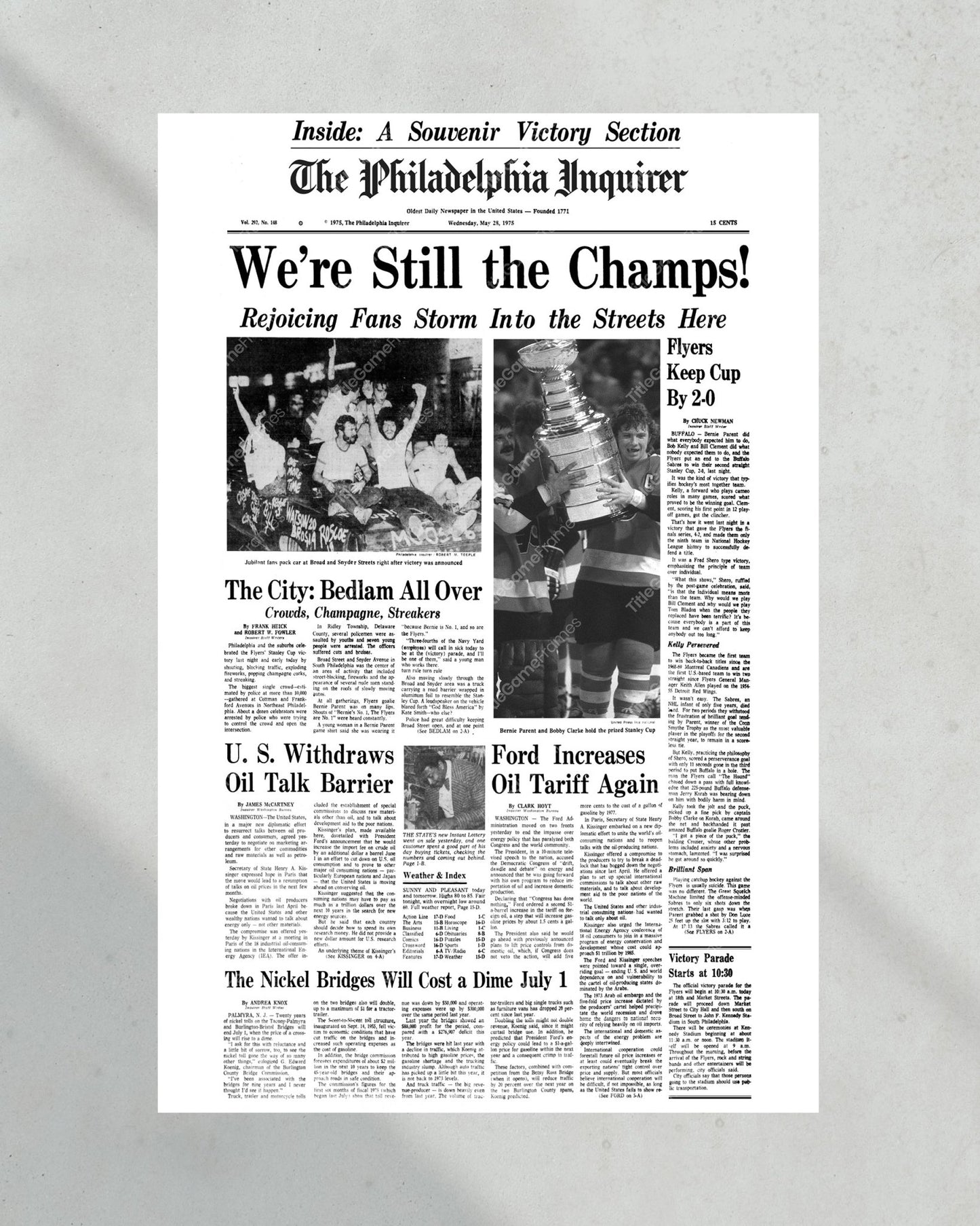 1975 Philadelphia Flyers Stanley Cup Champion Framed Front Page Newspaper Print - Title Game Frames