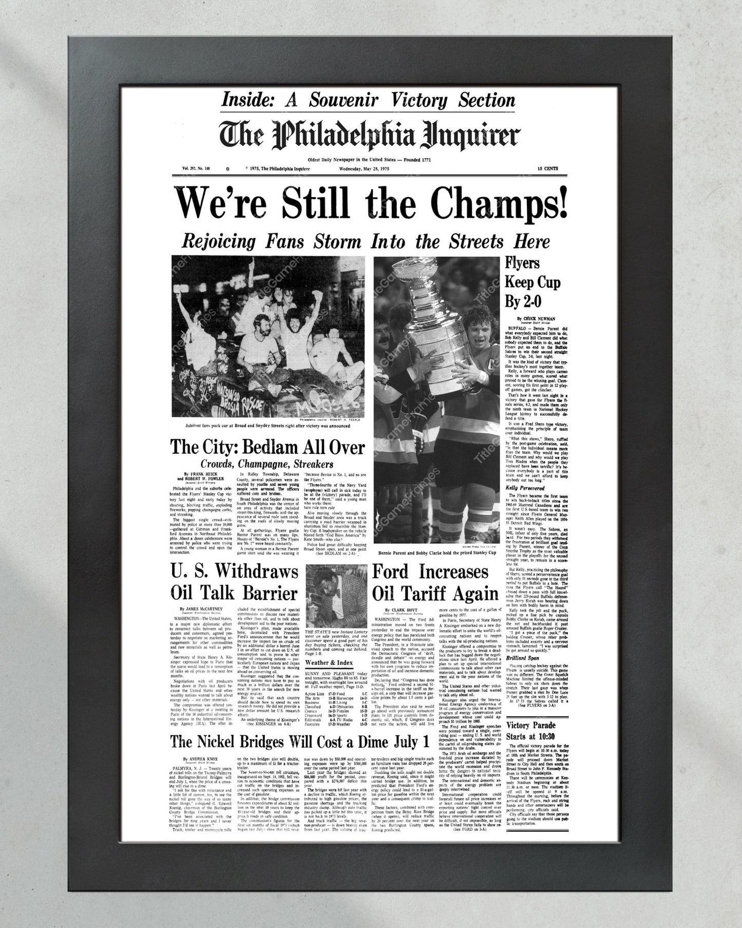 1975 Philadelphia Flyers Stanley Cup Champion Framed Front Page Newspaper Print - Title Game Frames