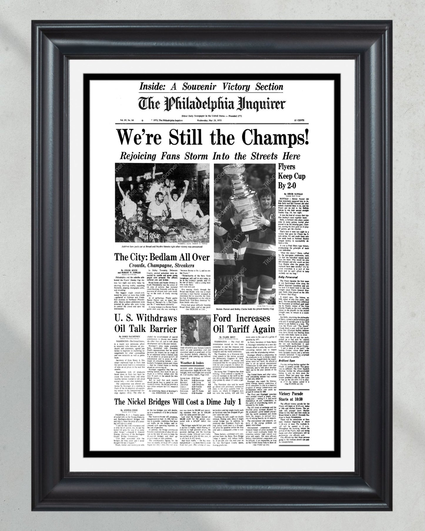 1975 Philadelphia Flyers Stanley Cup Champion Framed Front Page Newspaper Print - Title Game Frames