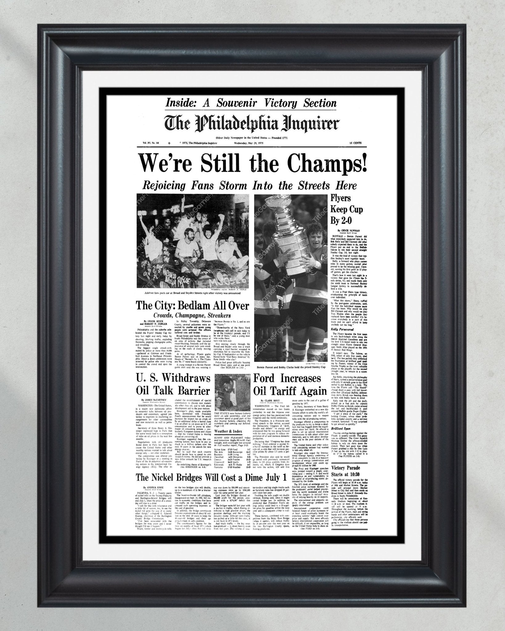 1975 Philadelphia Flyers Stanley Cup Champion Framed Front Page Newspaper Print - Title Game Frames