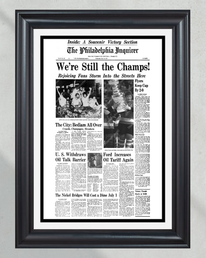 1975 Philadelphia Flyers Stanley Cup Champion Framed Front Page Newspaper Print - Title Game Frames