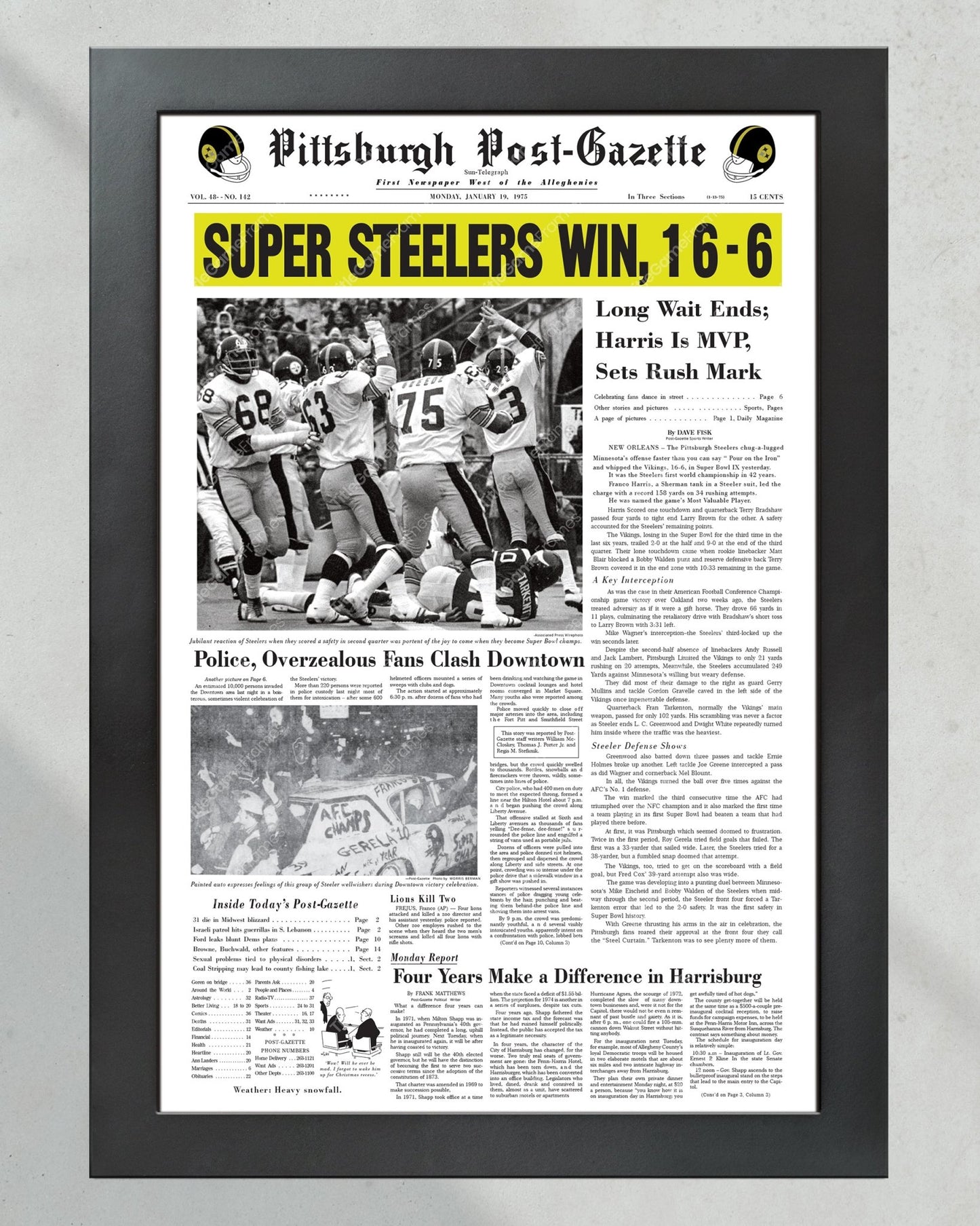 1975 Pittsburgh Steelers Super Bowl IV Champions Framed Front Page Newspaper Print - Title Game Frames