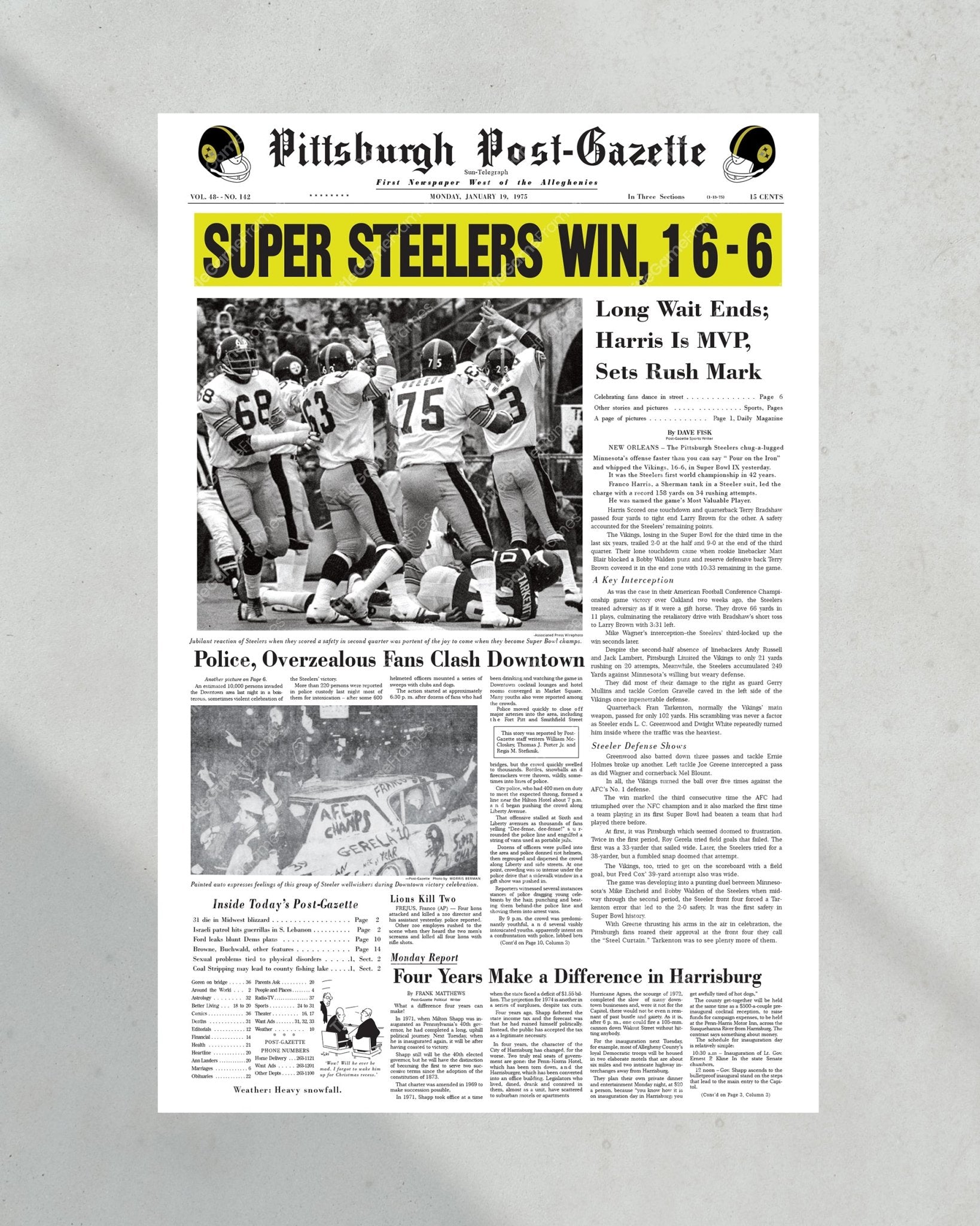 1975 Pittsburgh Steelers Super Bowl IV Champions Framed Front Page Newspaper Print - Title Game Frames