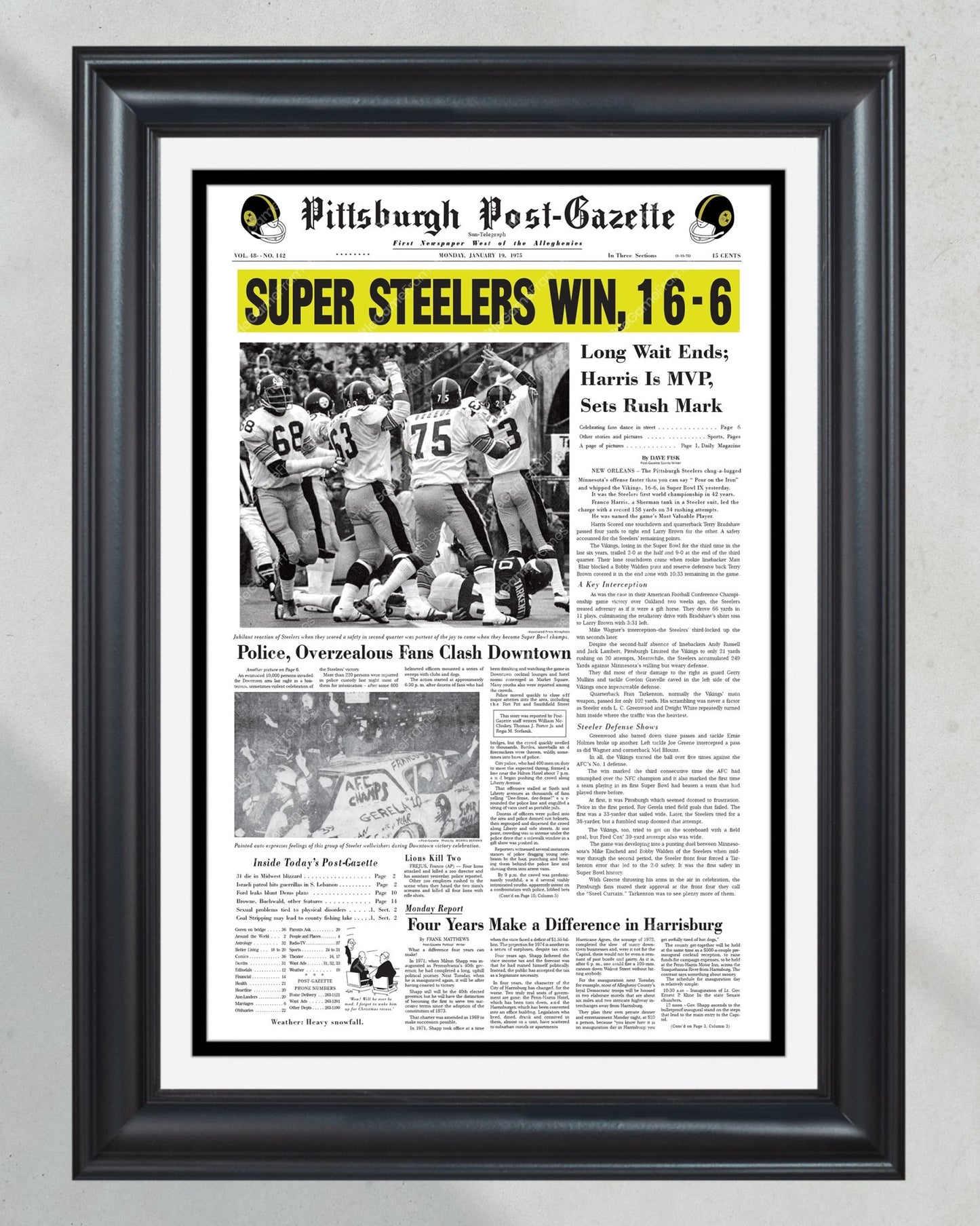 1975 Pittsburgh Steelers Super Bowl IV Champions Framed Front Page Newspaper Print - Title Game Frames