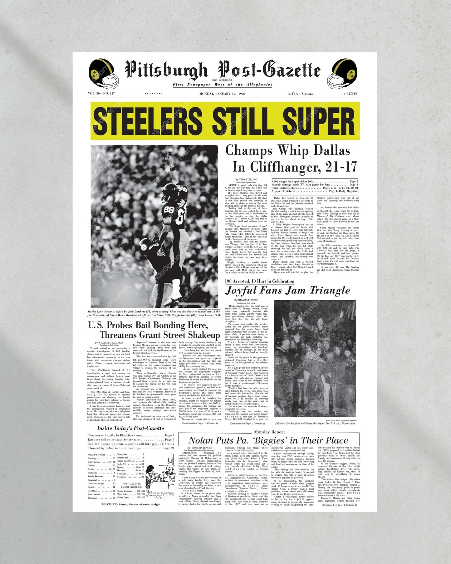 1976 Pittsburgh Steelers Super Bowl X Champions Framed Front Page Newspaper Print - Title Game Frames