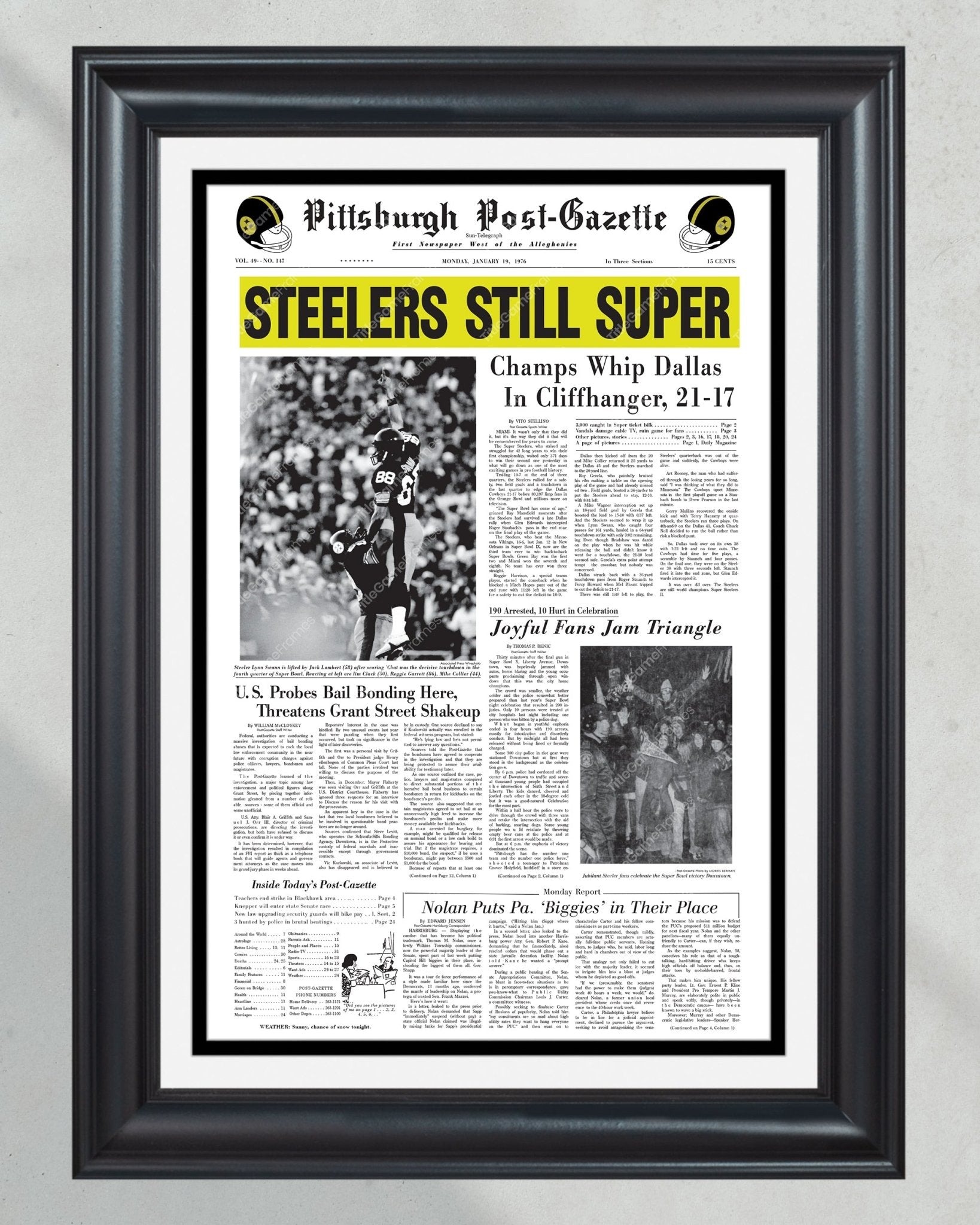 1976 Pittsburgh Steelers Super Bowl X Champions Framed Front Page Newspaper Print - Title Game Frames