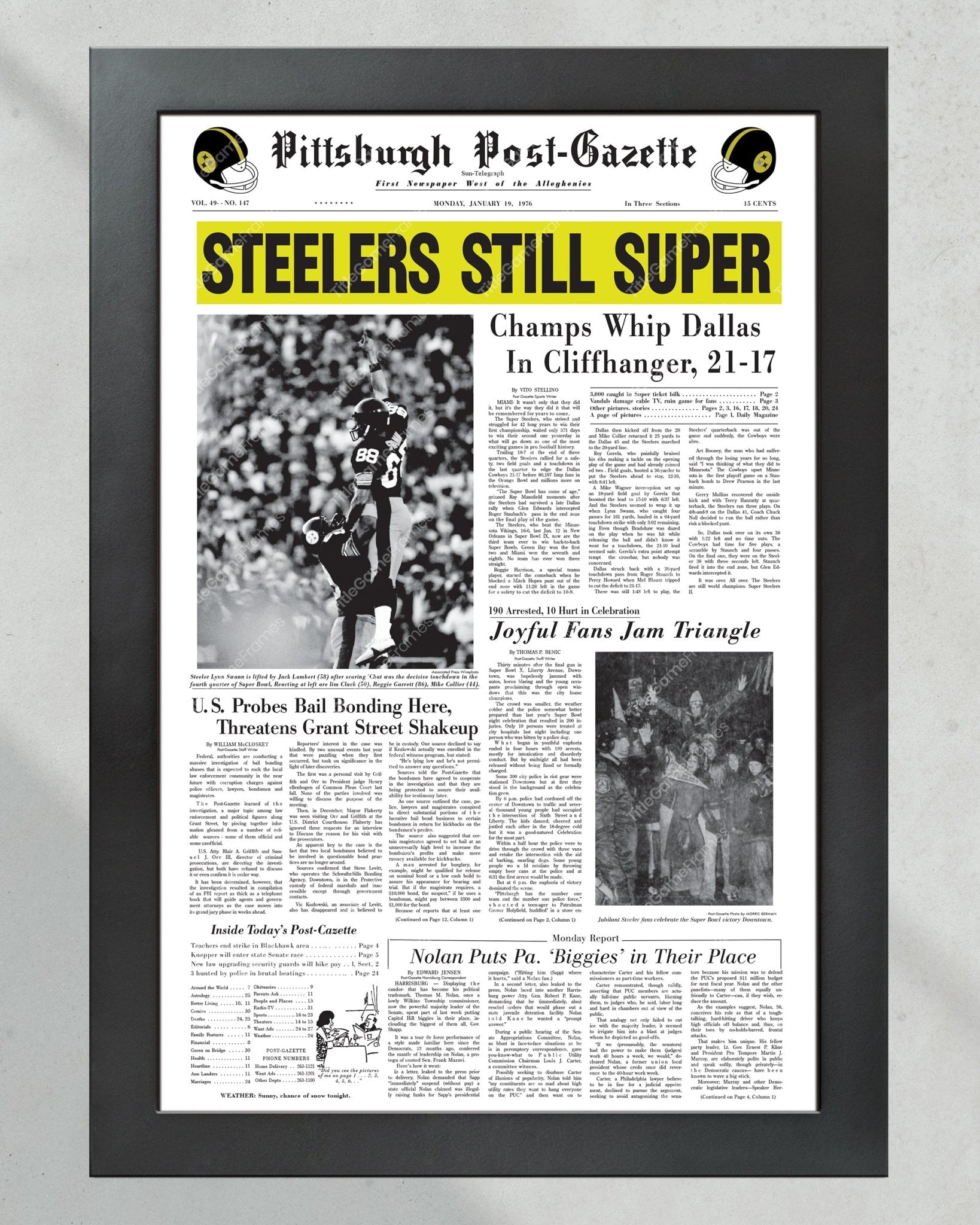 1976 Pittsburgh Steelers Super Bowl X Champions Framed Front Page Newspaper Print - Title Game Frames