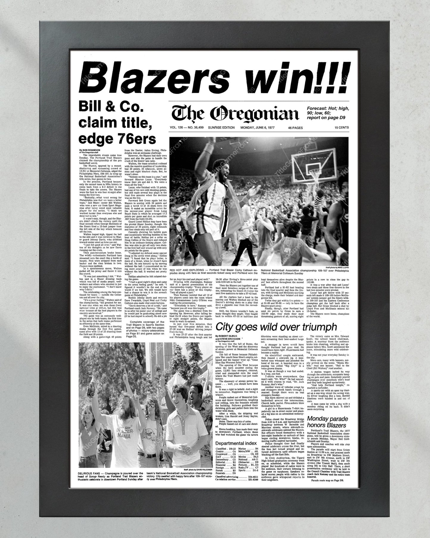 1977 Portland Trailblazers NBA Champion Framed Front Page Newspaper Print - Title Game Frames