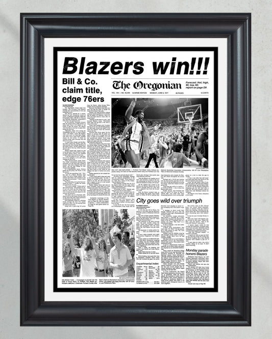 1977 Portland Trailblazers NBA Champion Framed Front Page Newspaper Print - Title Game Frames