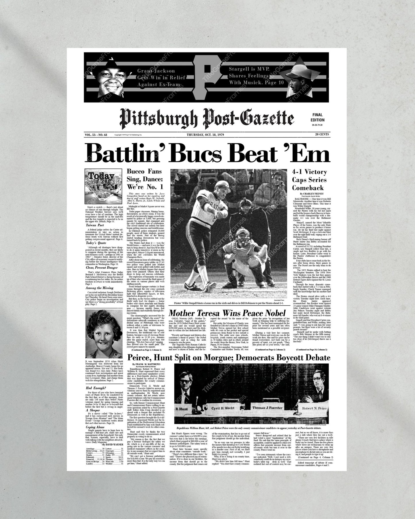 1979 Pittsburgh Pirates World Series Champions Framed Front Page Newspaper Print - Title Game Frames