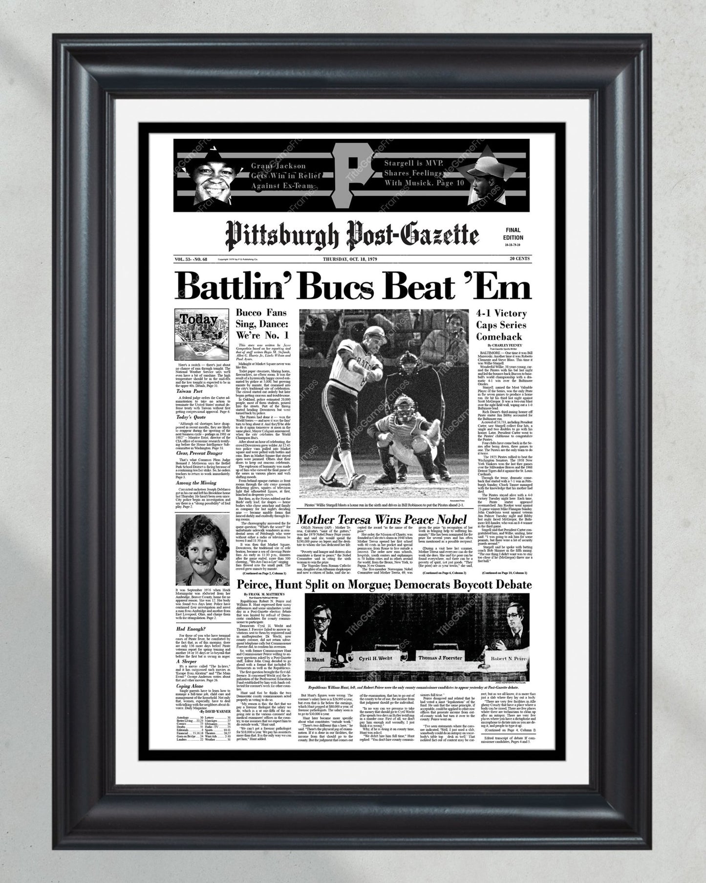 1979 Pittsburgh Pirates World Series Champions Framed Front Page Newspaper Print - Title Game Frames