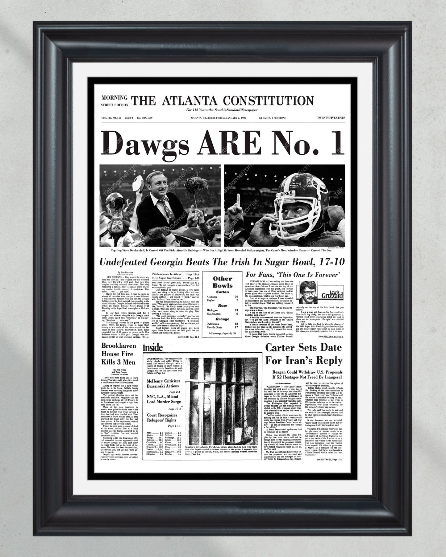 1980 Georgia Bulldogs National Champions Framed Front Page Newspaper Print UGA - Title Game Frames