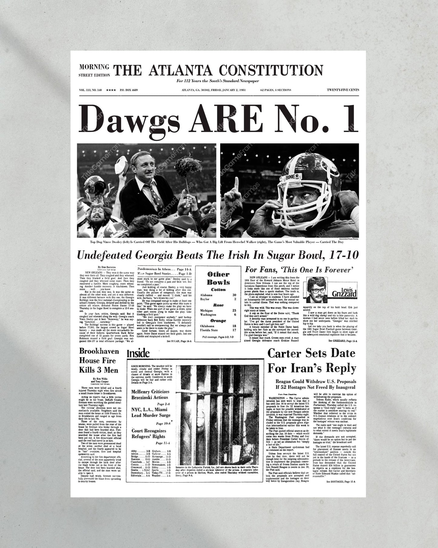 1980 Georgia Bulldogs National Champions Framed Front Page Newspaper Print UGA - Title Game Frames