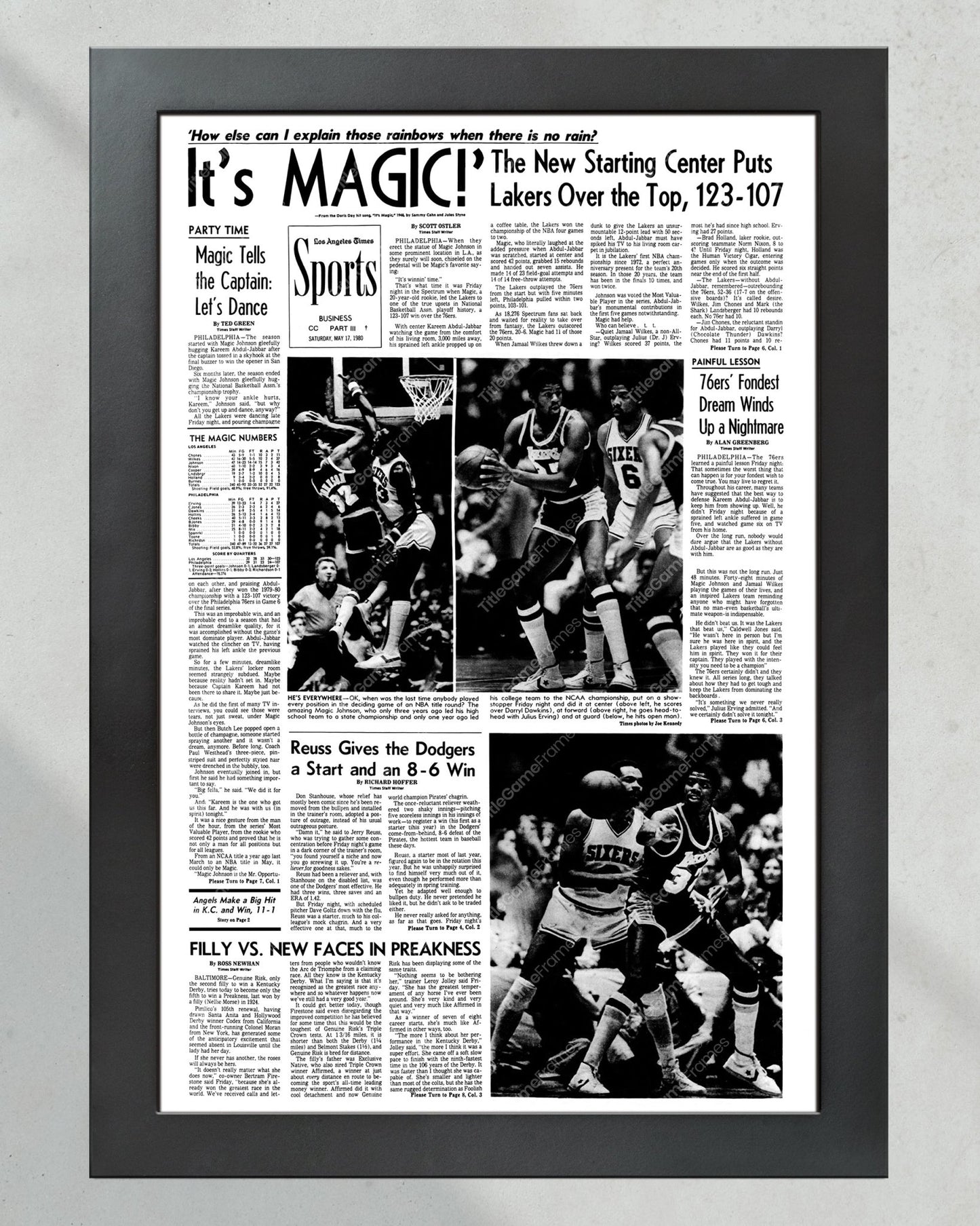 1980 Los Angeles Lakers NBA Champion Framed Front Page Newspaper Print - Title Game Frames