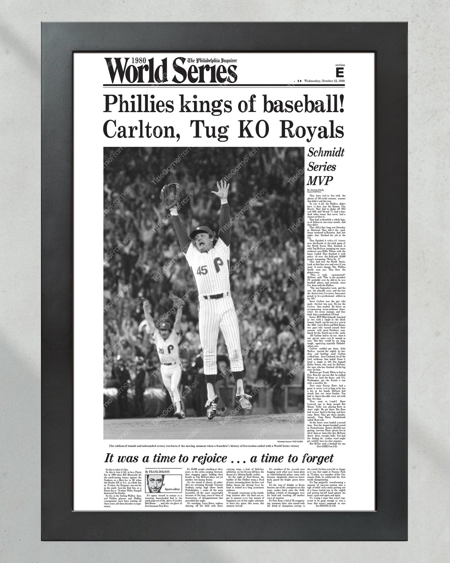 1980 Philadelphia Phillies World Series Champions Framed Front Page Newspaper Print - Title Game Frames