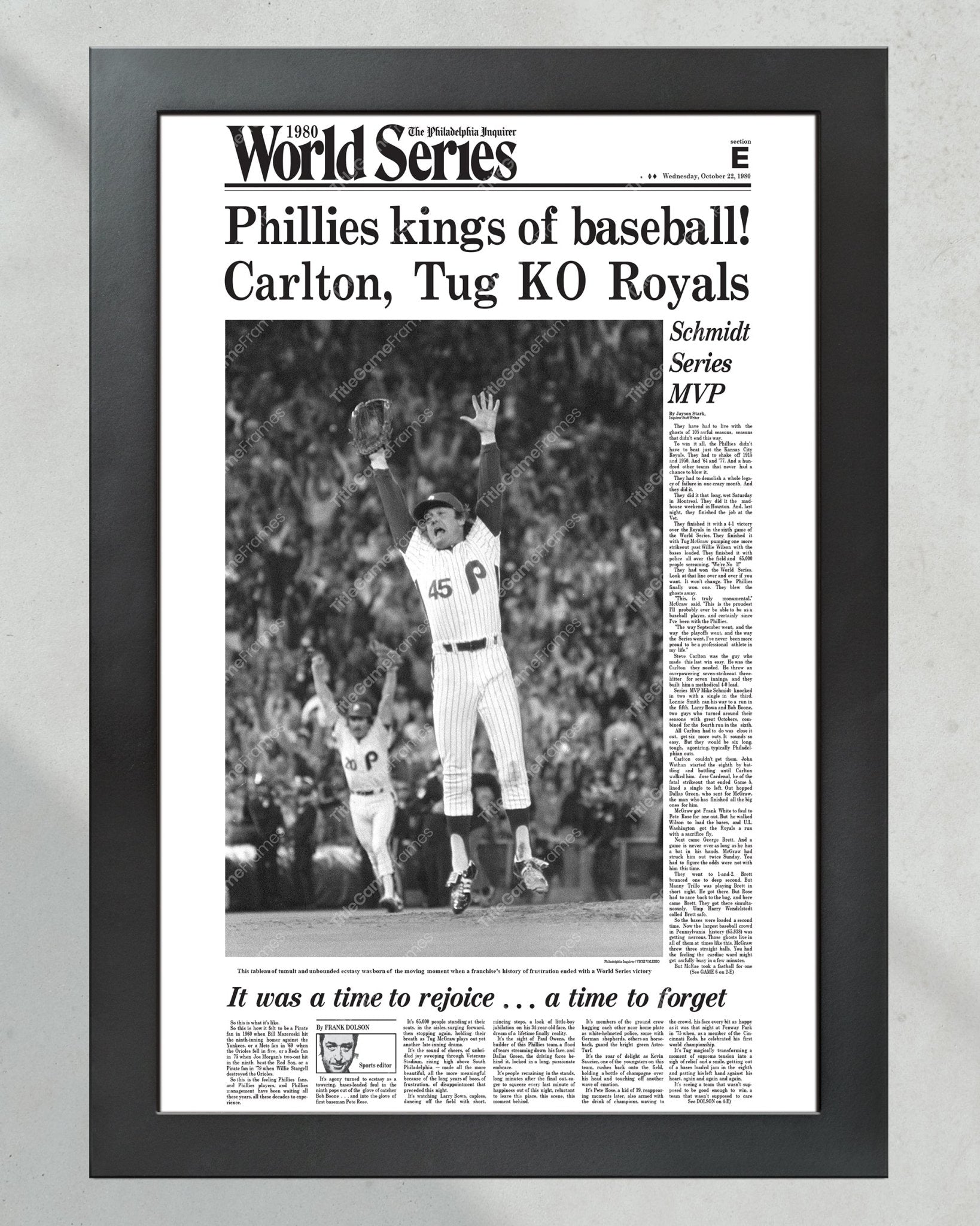 1980 Philadelphia Phillies World Series Champions Framed Front Page Newspaper Print - Title Game Frames