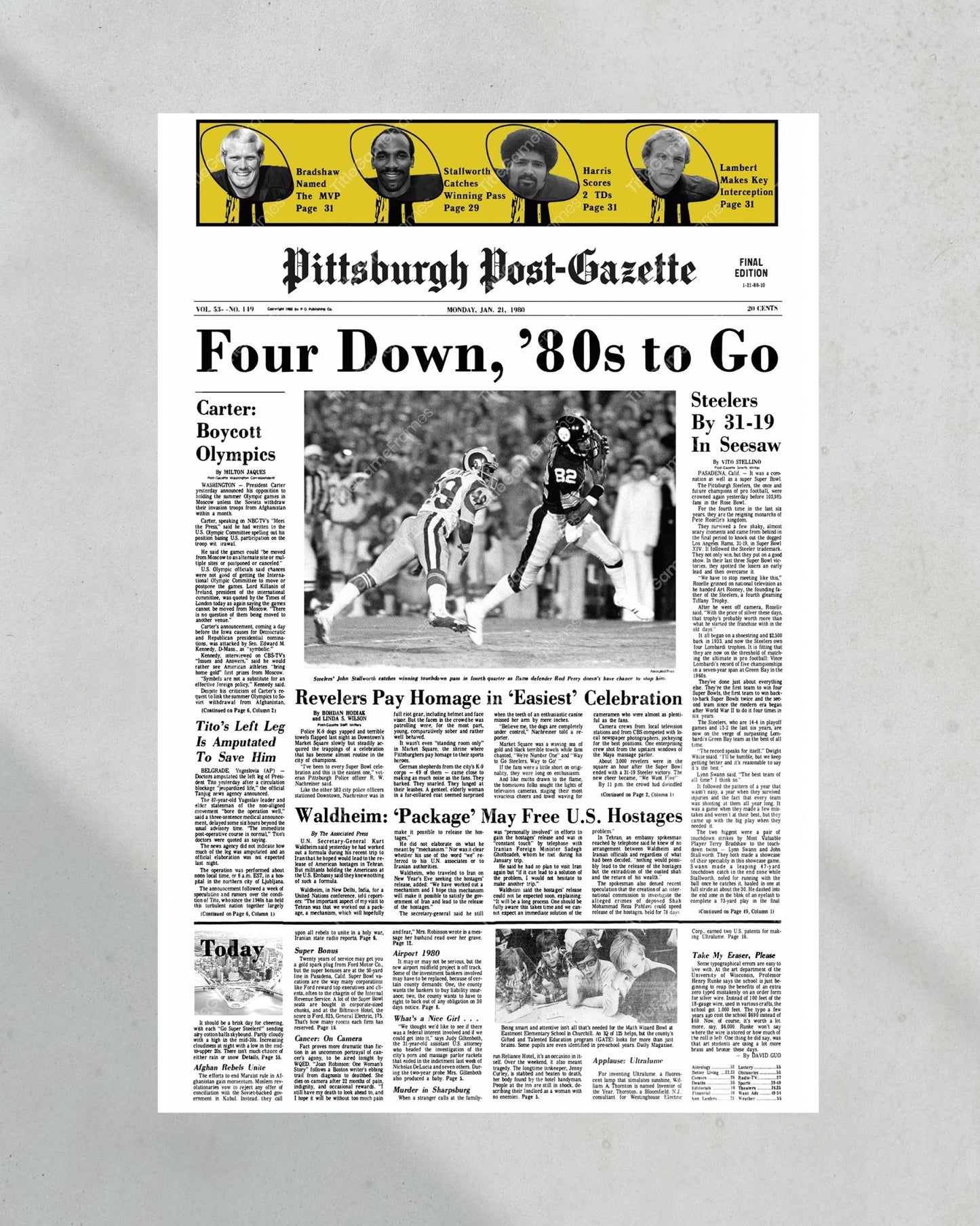 1980 Pittsburgh Steelers Super Bowl XIV Champions Framed Front Page Newspaper Print - Title Game Frames