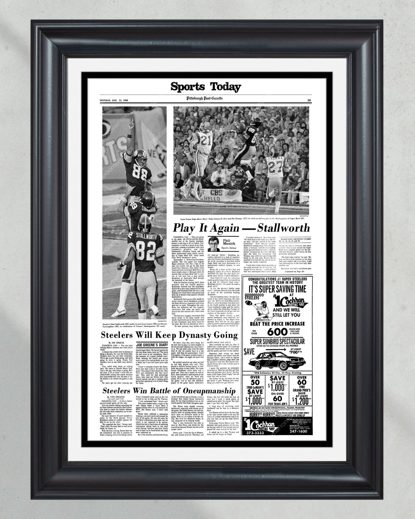 1980 Pittsburgh Steelers Super Bowl XIV Champions Framed Front Page Newspaper Print - Title Game Frames