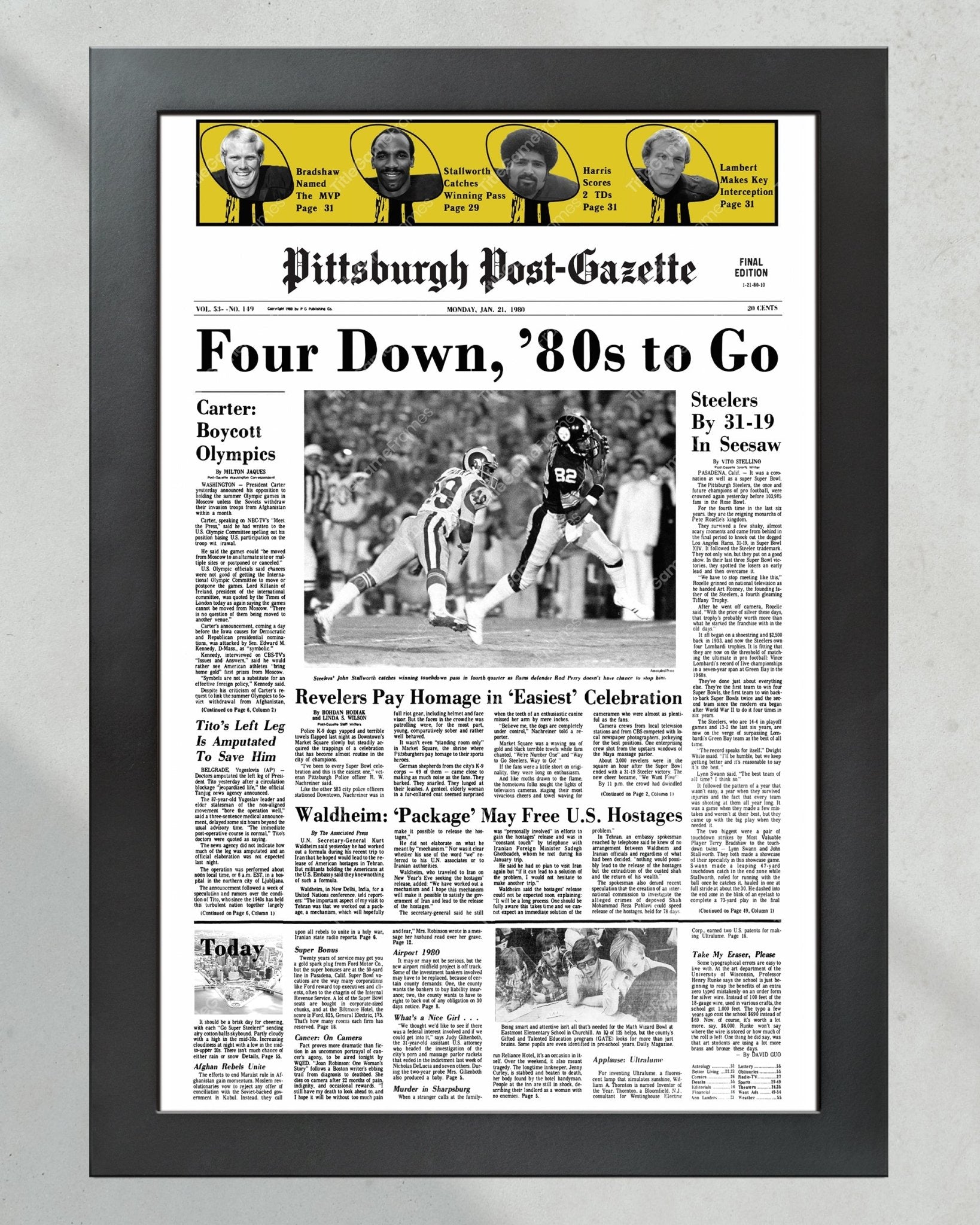 1980 Pittsburgh Steelers Super Bowl XIV Champions Framed Front Page Newspaper Print - Title Game Frames