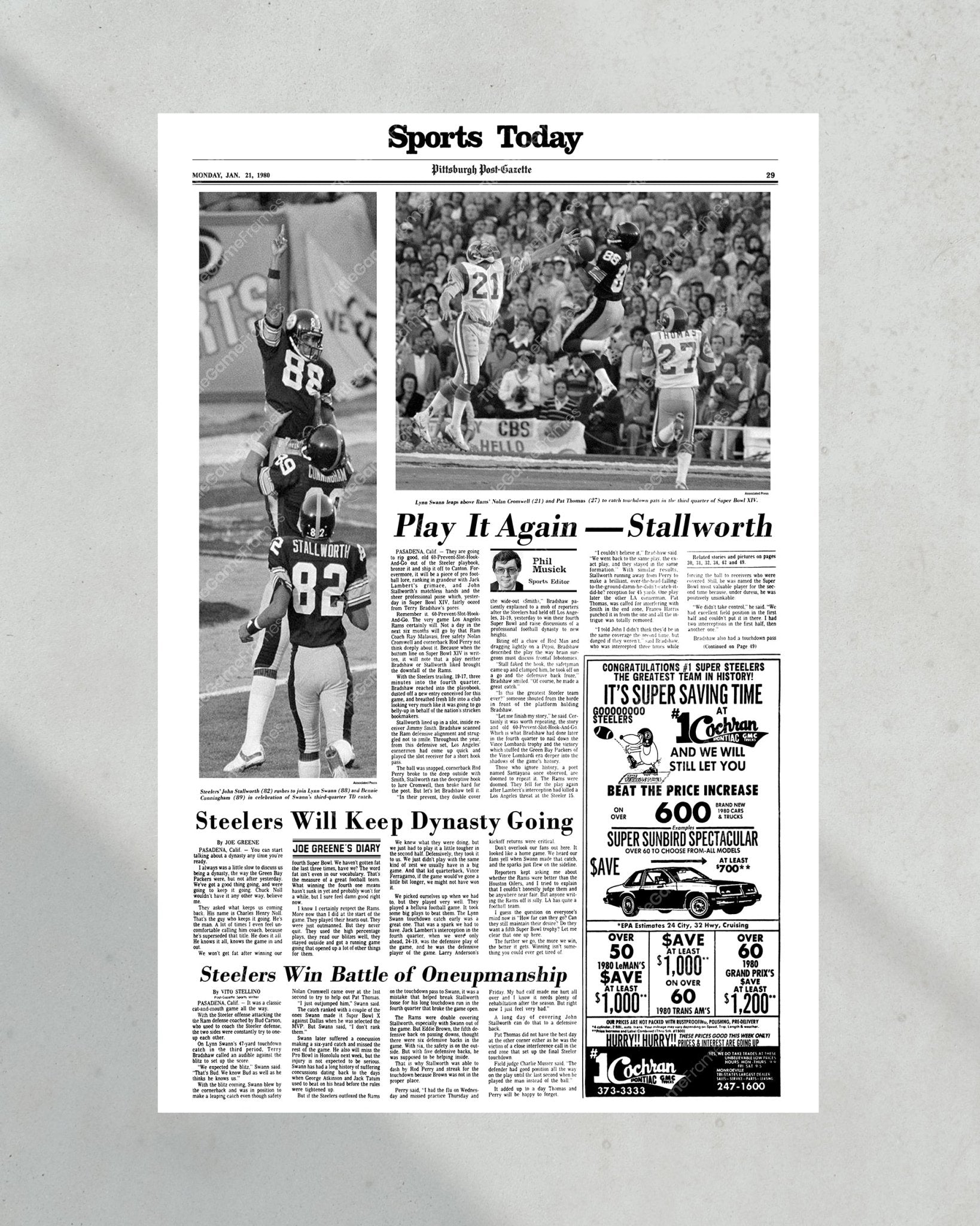 1980 Pittsburgh Steelers Super Bowl XIV Champions Framed Front Page Newspaper Print - Title Game Frames