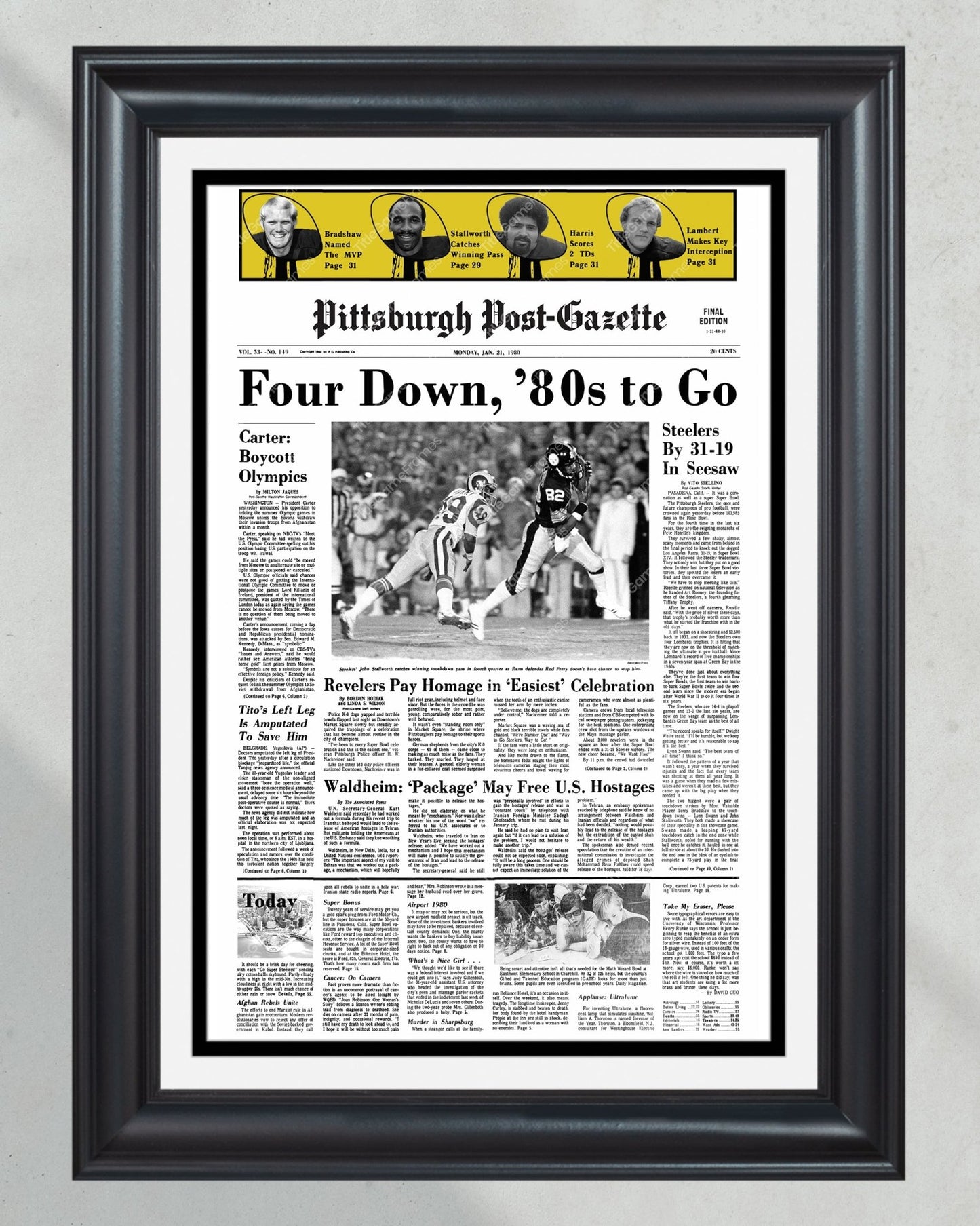 1980 Pittsburgh Steelers Super Bowl XIV Champions Framed Front Page Newspaper Print - Title Game Frames