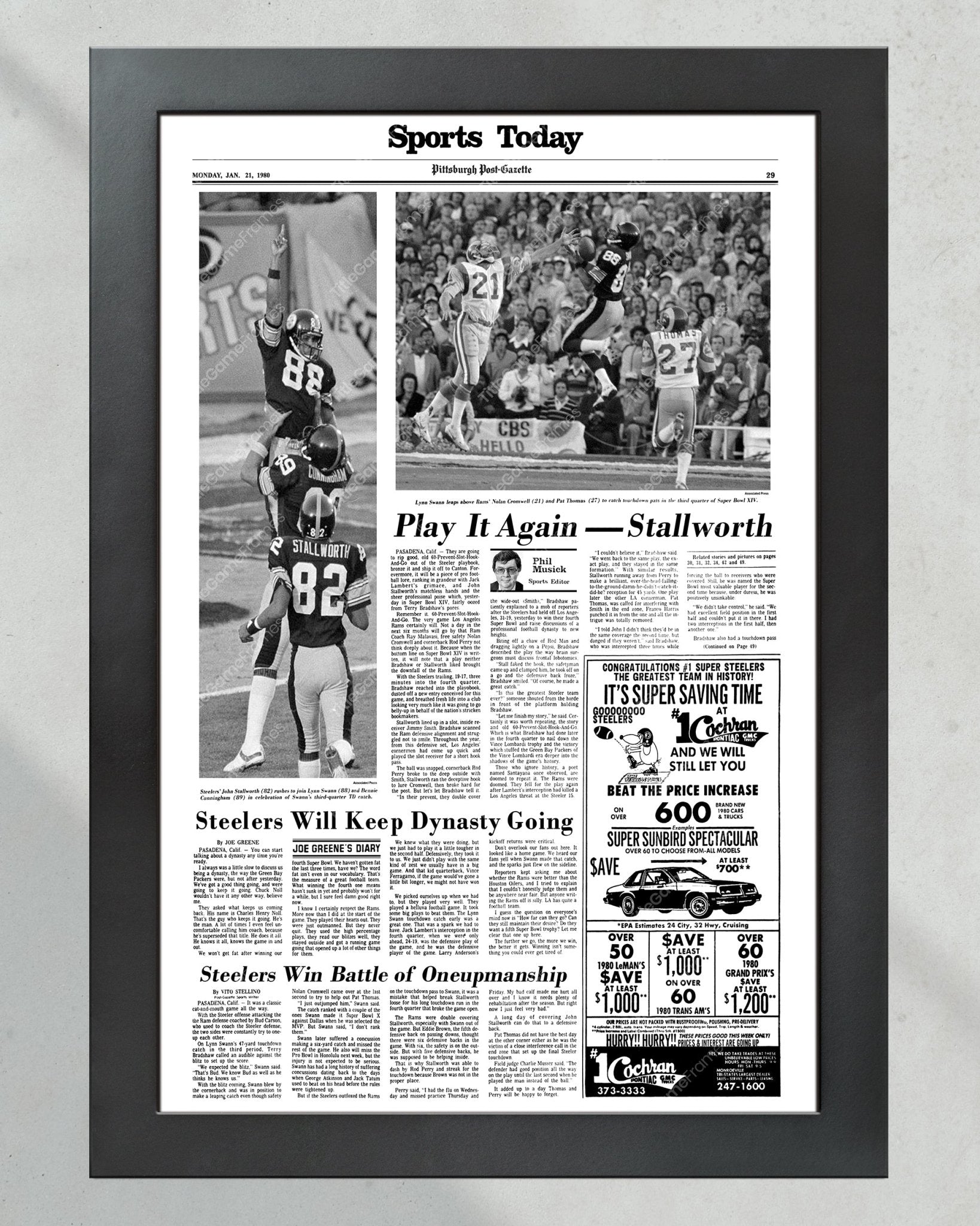 1980 Pittsburgh Steelers Super Bowl XIV Champions Framed Front Page Newspaper Print - Title Game Frames