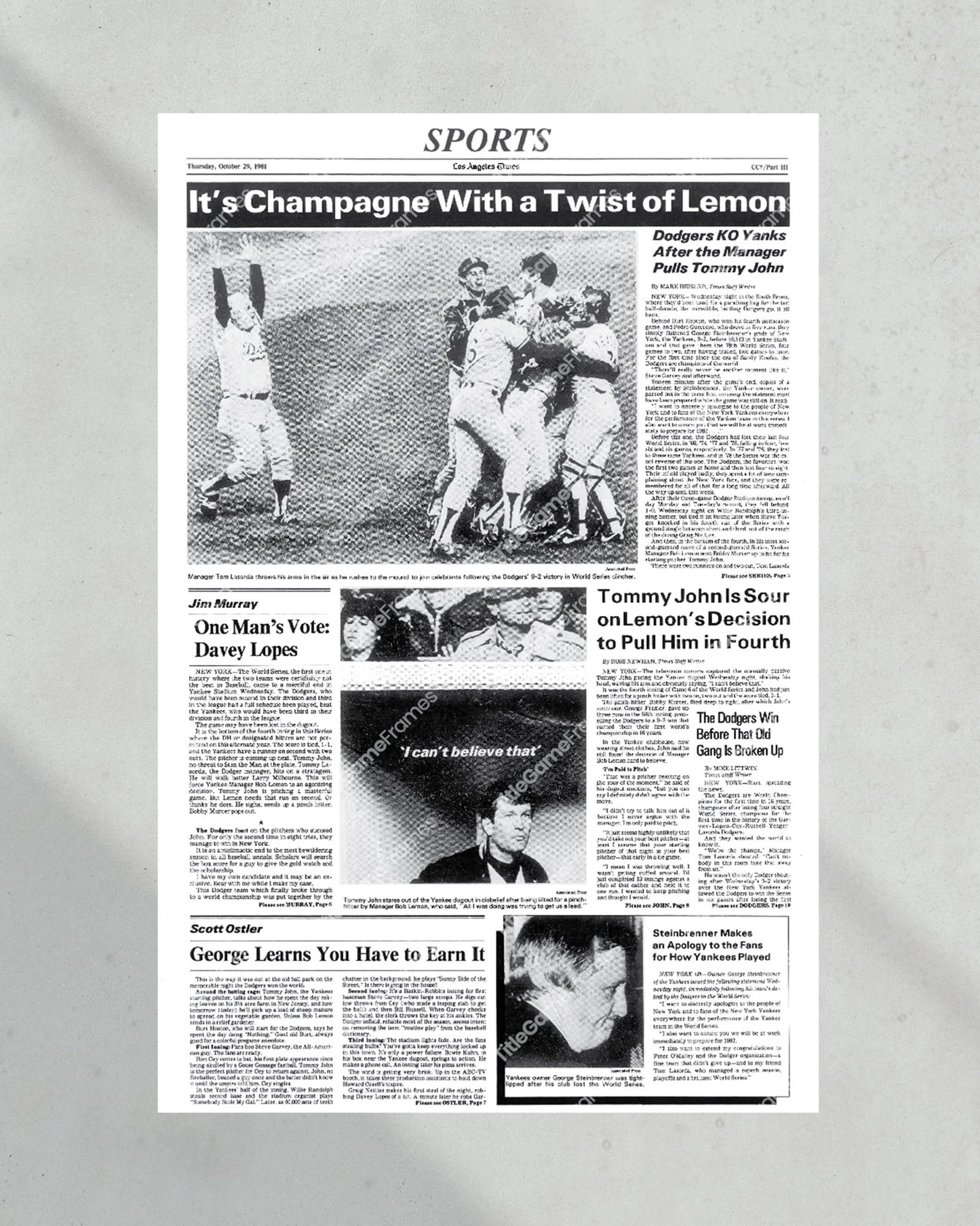 1981 Los Angeles Dodgers World Series Champions Framed Front Page Newspaper Print - Title Game Frames