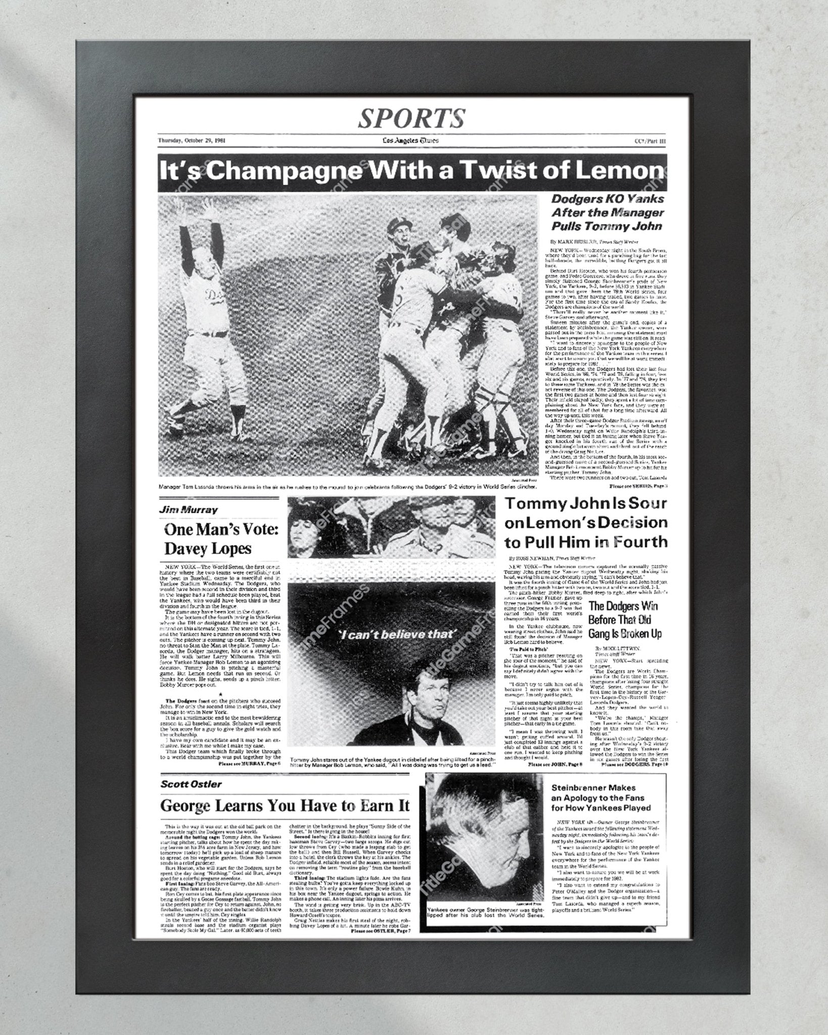 1981 Los Angeles Dodgers World Series Champions Framed Front Page Newspaper Print - Title Game Frames