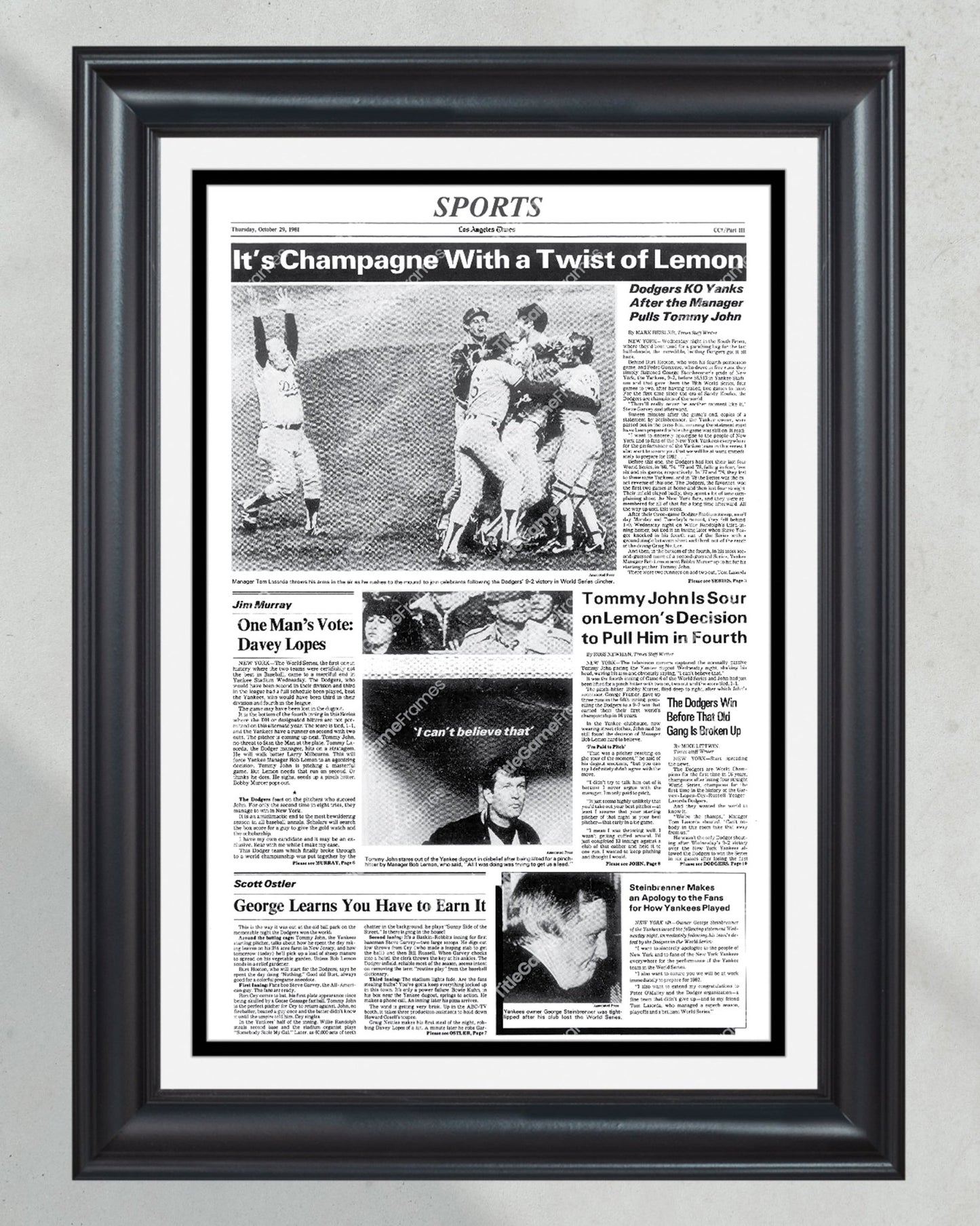 1981 Los Angeles Dodgers World Series Champions Framed Front Page Newspaper Print - Title Game Frames