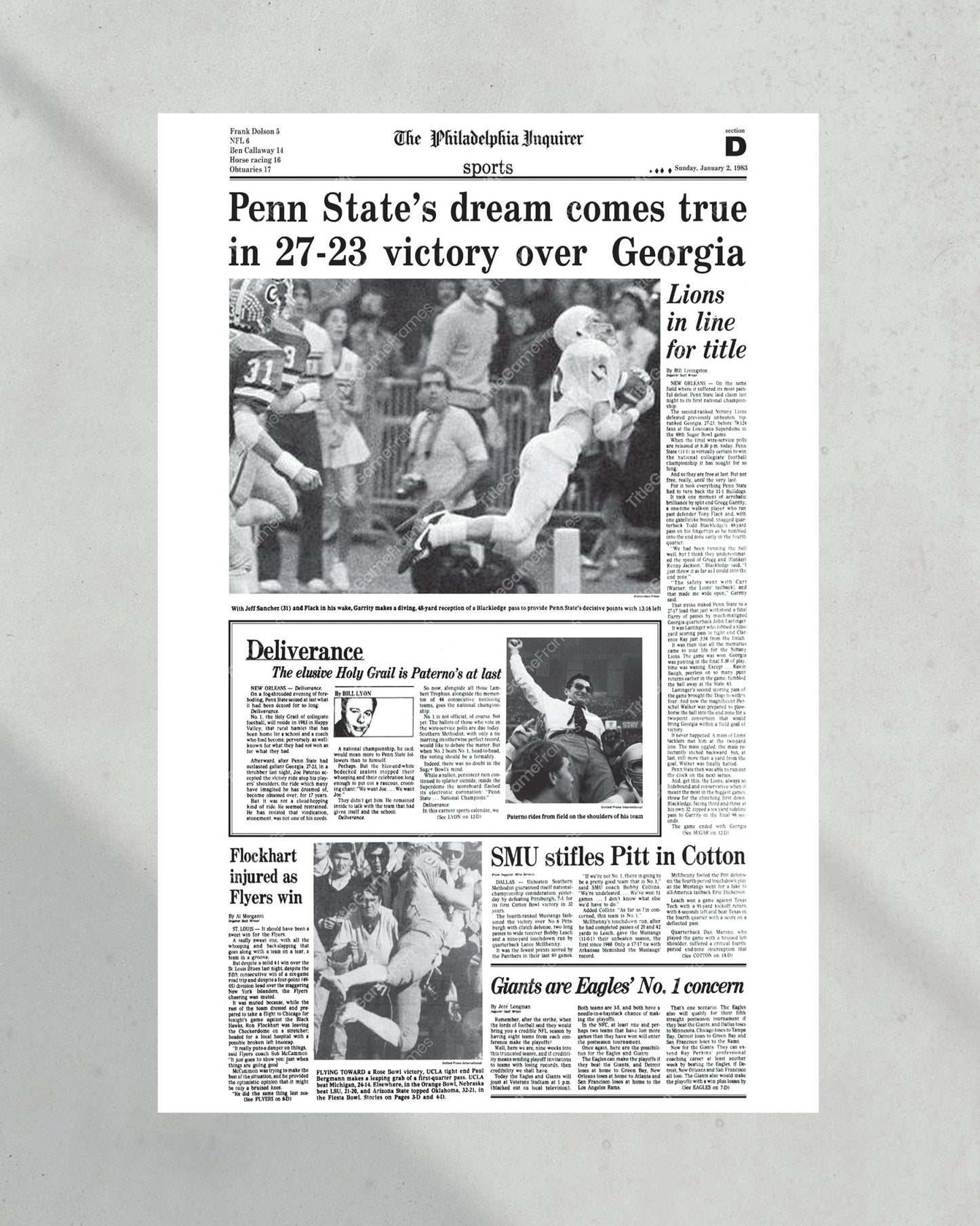 1982 Penn State Nittany Lions NCAA College Football National Champions Framed Front Page Newspaper Print - Title Game Frames