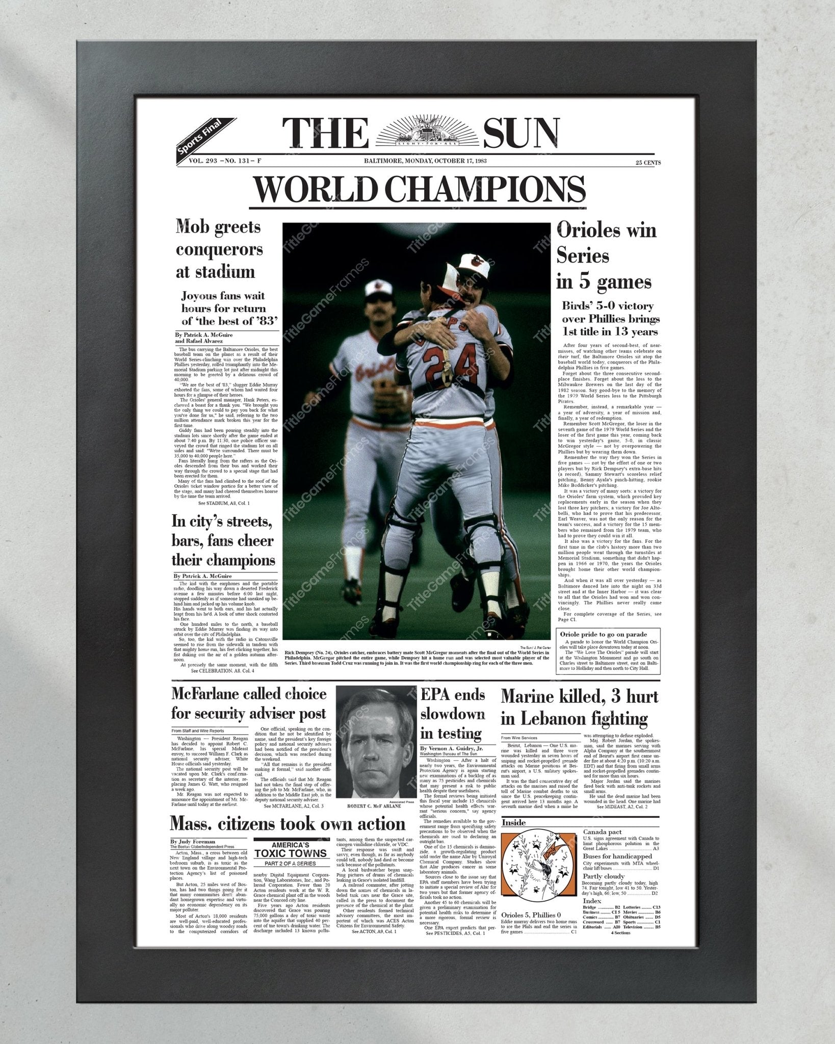 1983 Baltimore Orioles World Series Champions Framed Front Page Newspaper Print - Title Game Frames