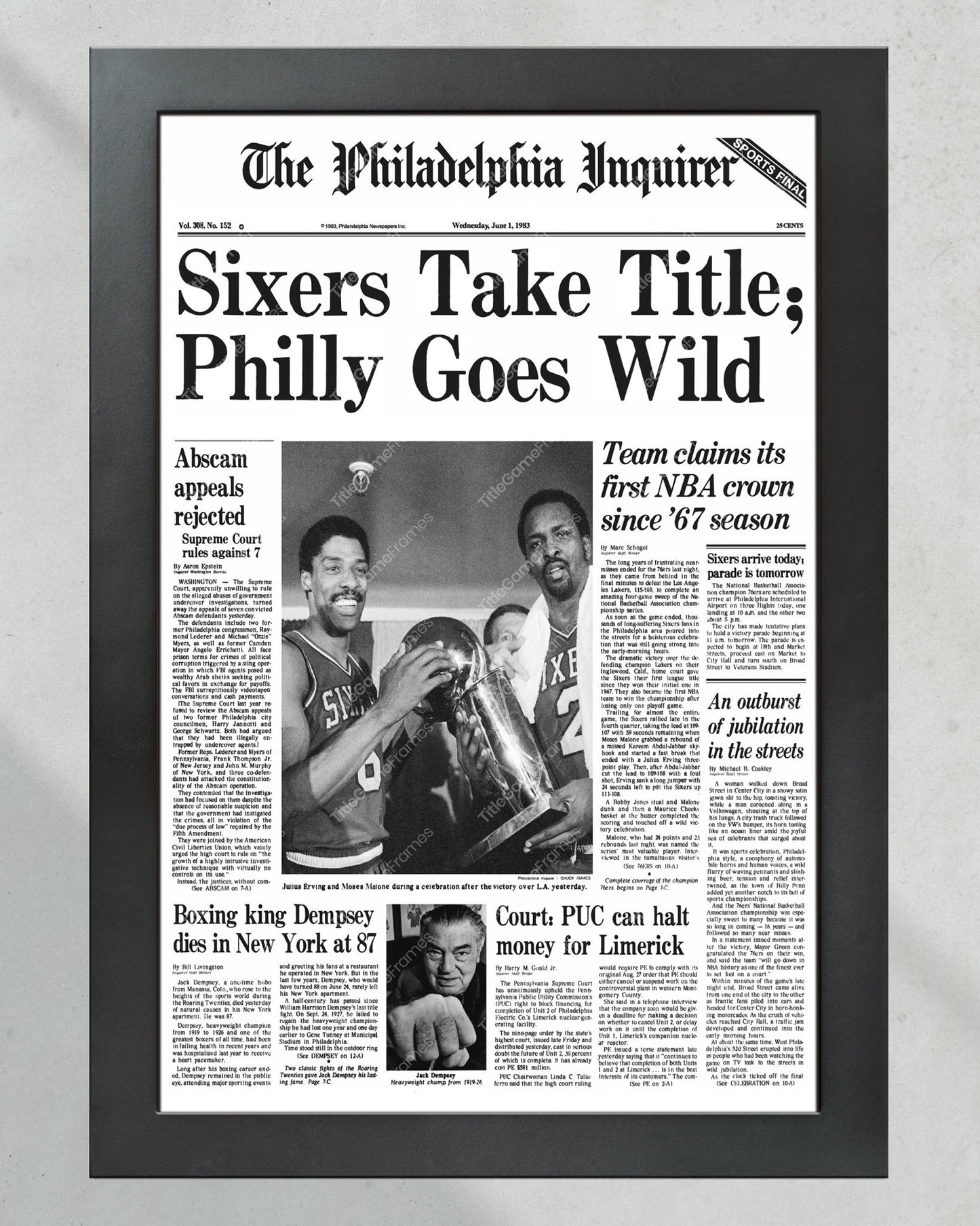 1983 Philadelphia 76ers NBA Champion Framed Front Page Newspaper Print - Title Game Frames