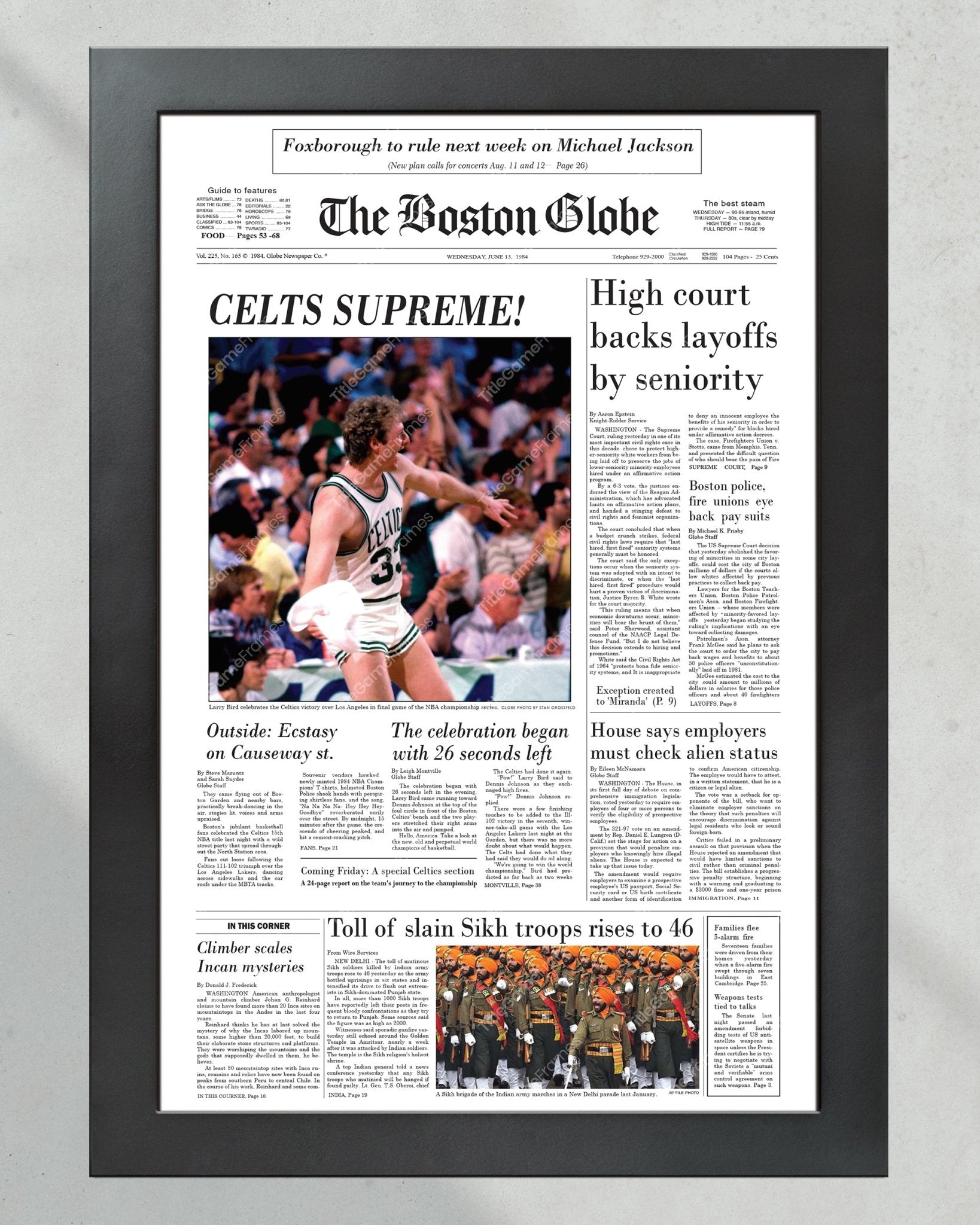 1984 Boston Celtics NBA Champion Framed Front Page Newspaper Print - Title Game Frames